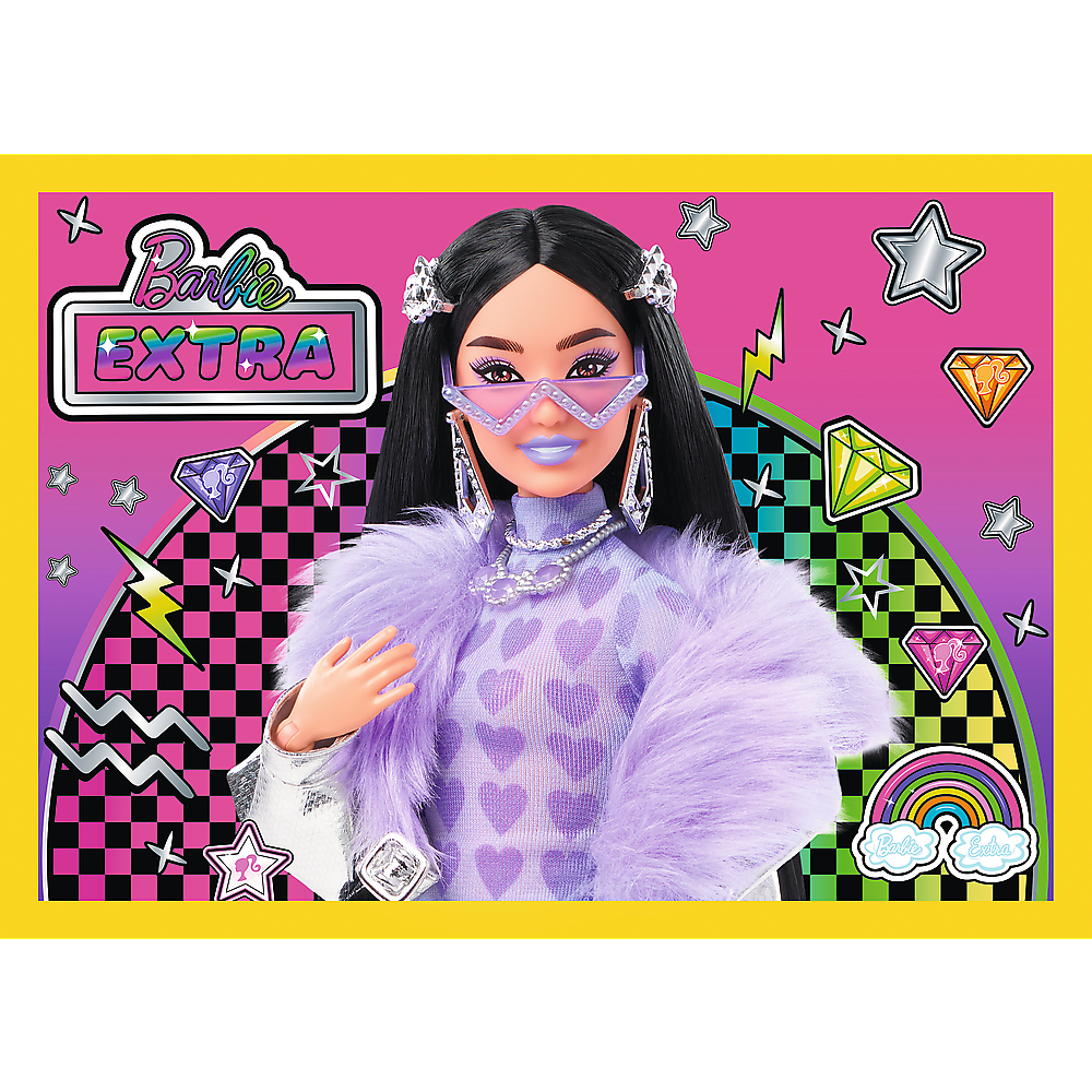 A Barbie Extra doll with purple fur coat, glasses, and accessories on a yellow background with stars and gems.
