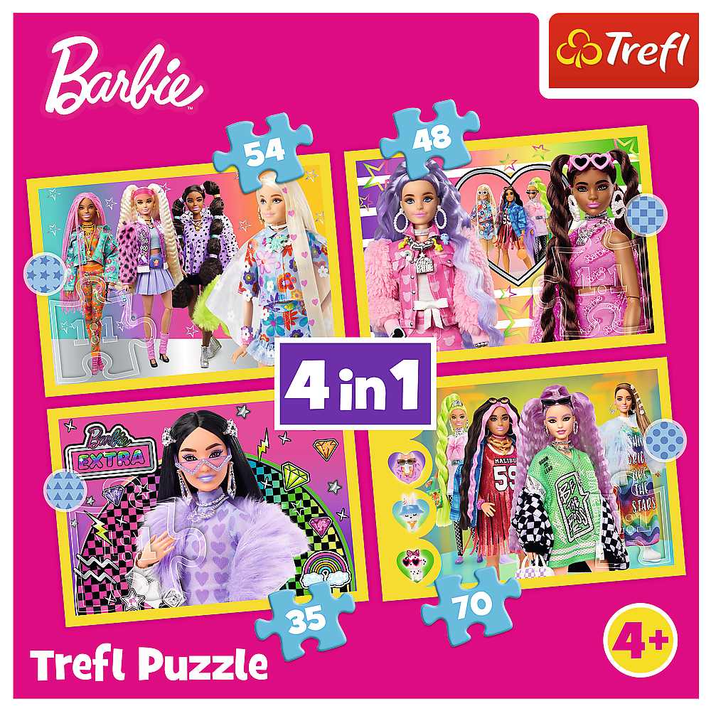 Barbie puzzle box with four images of Barbie dolls. The box features the Barbie logo and Trefl branding.