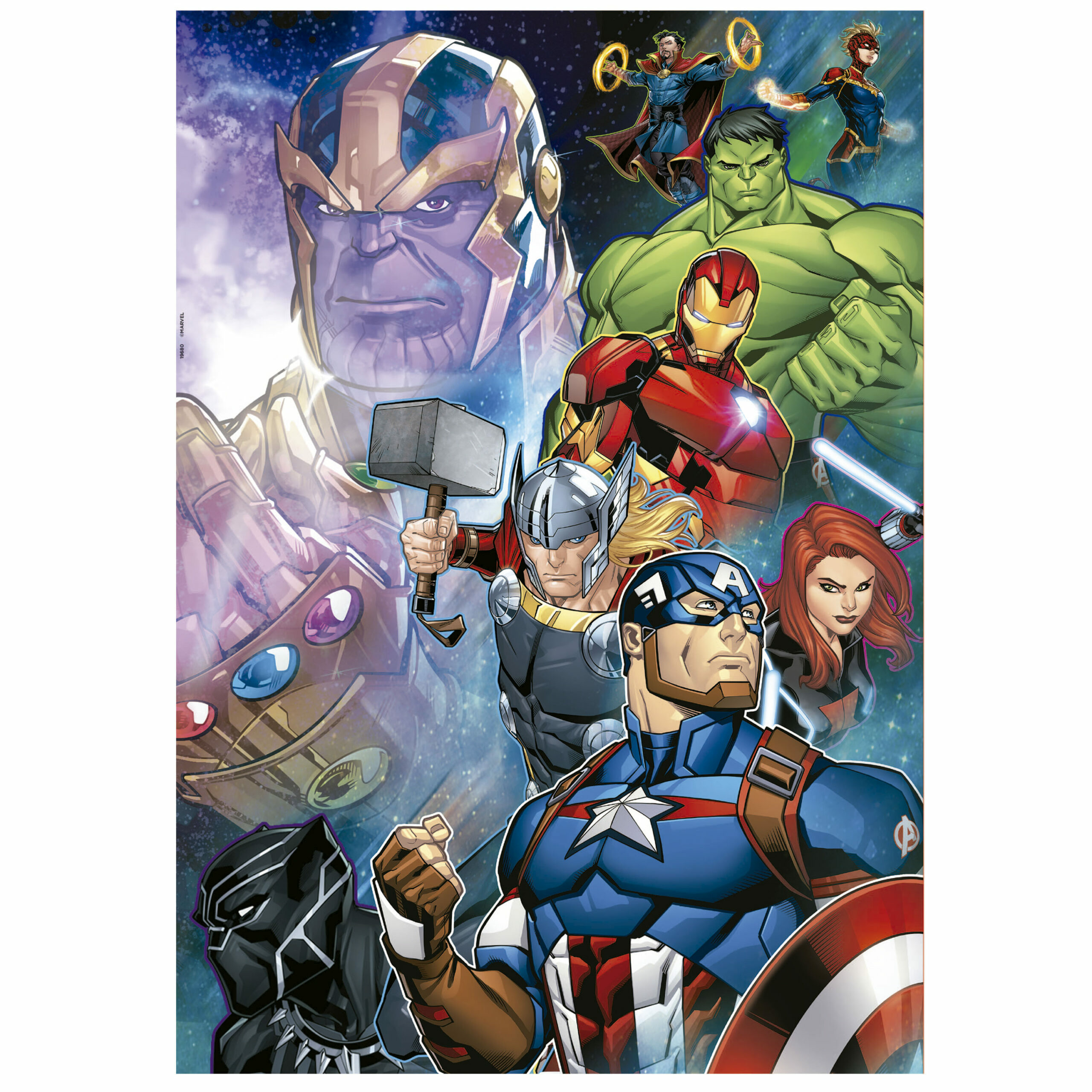 Okładka komiksu z superbohaterami Marvela: Thanos, Kapitan Ameryka, Iron Man, Thor i inni.