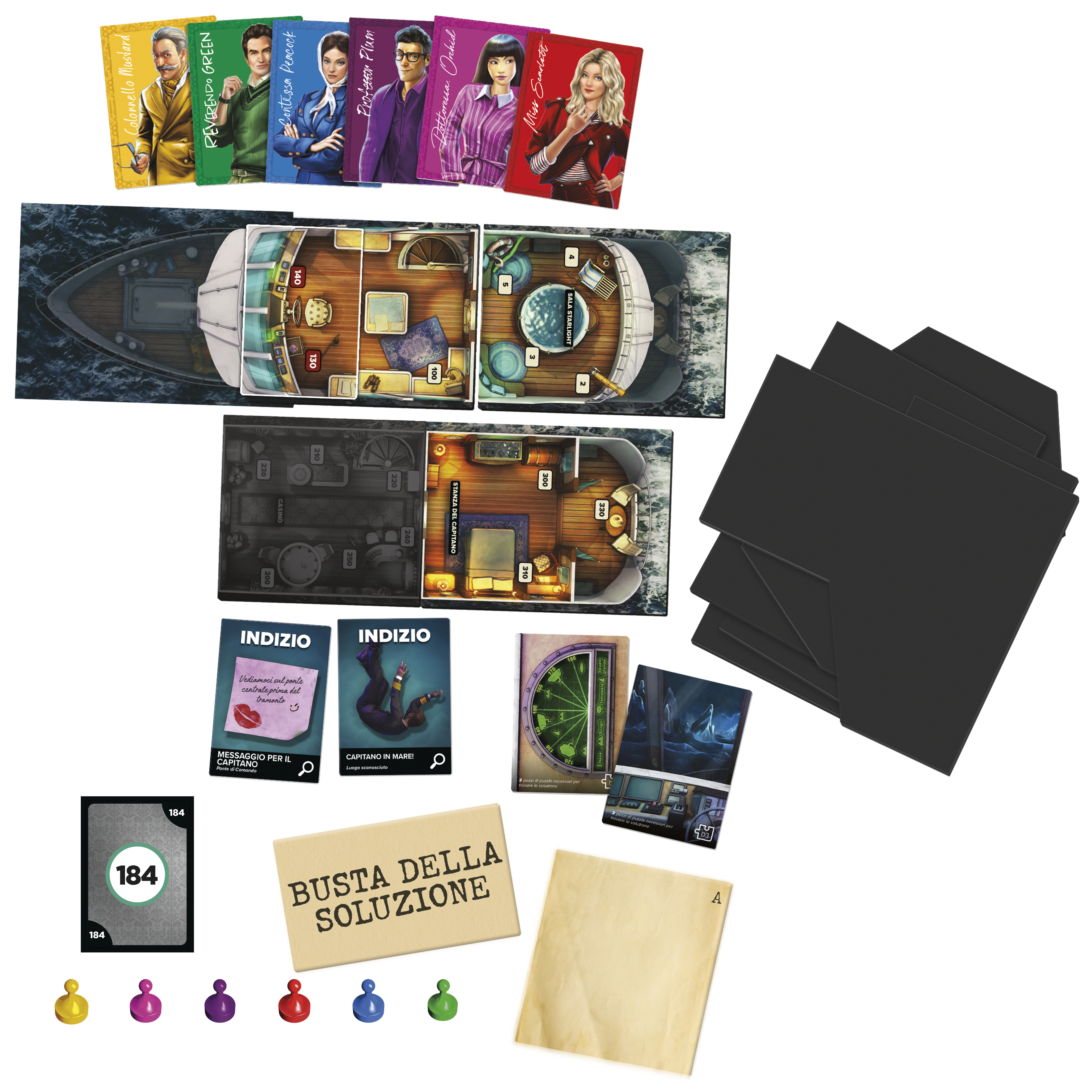 Brettspielkomponenten: Karten, Spielbrett und Spielsteine. Enthält Charaktere, Schiff und Detektivthema. Blau und braun.