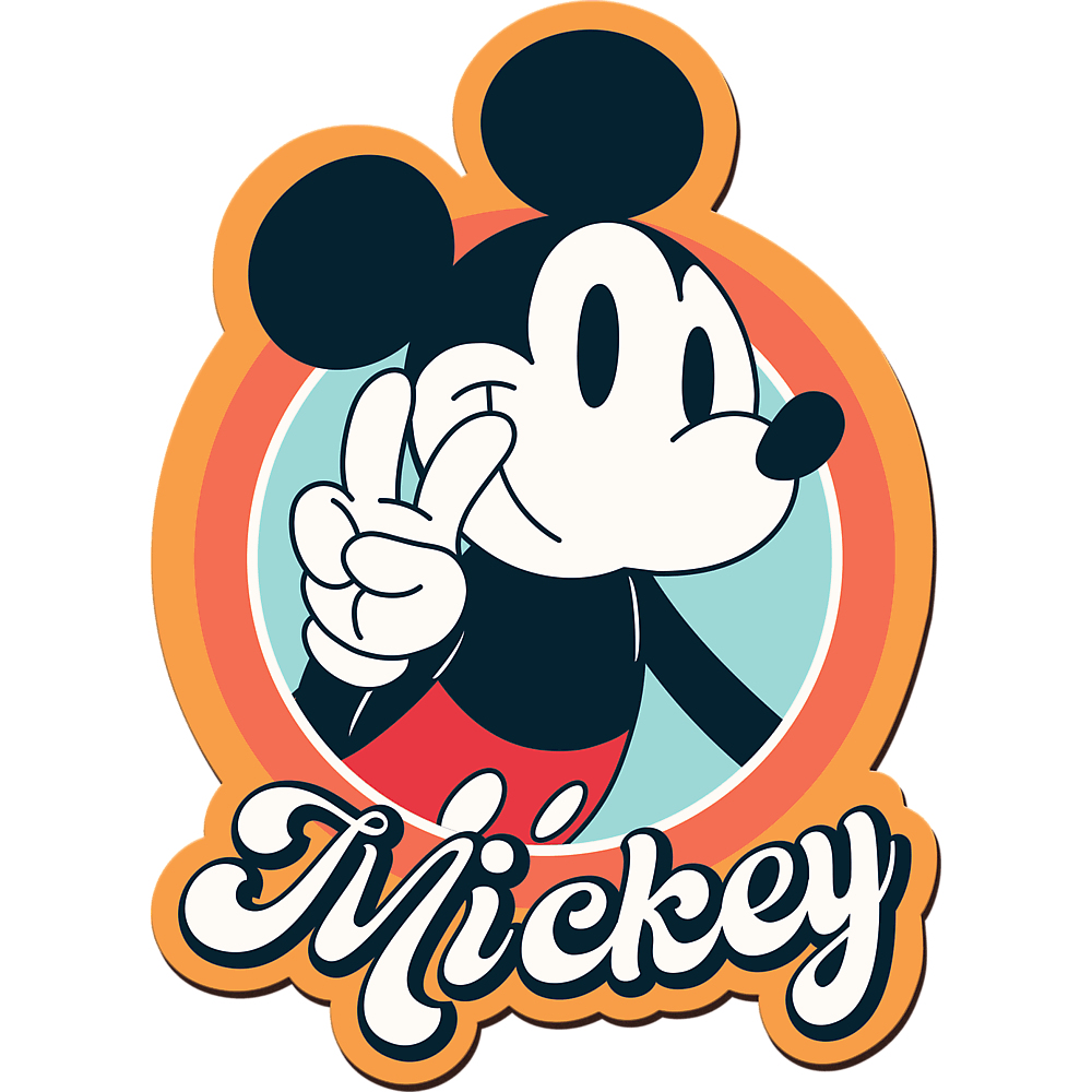 Mickey Mouse giving a peace sign, with a colorful background and his name.