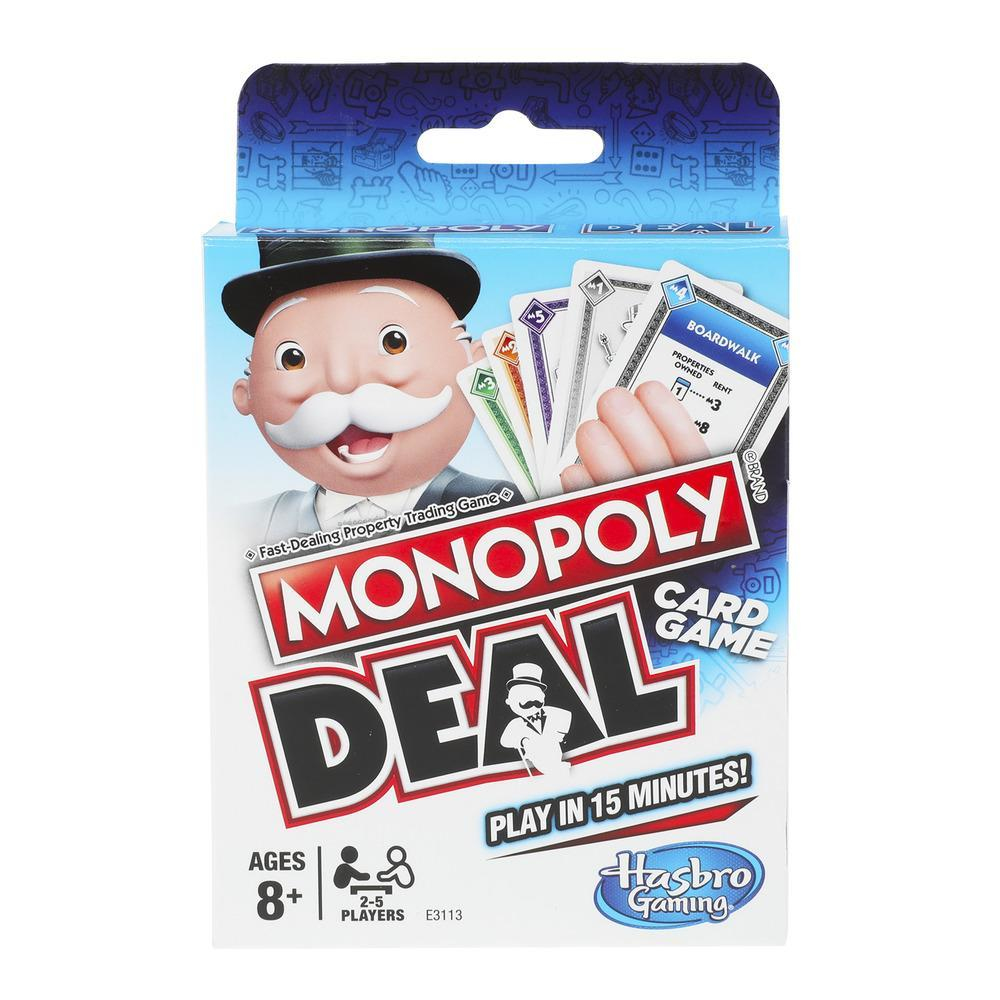 Pudełko do gry karcianej Monopoly Deal. Zawiera postać Monopoly, karty i nazwę gry. Kolory biały i czerwony.