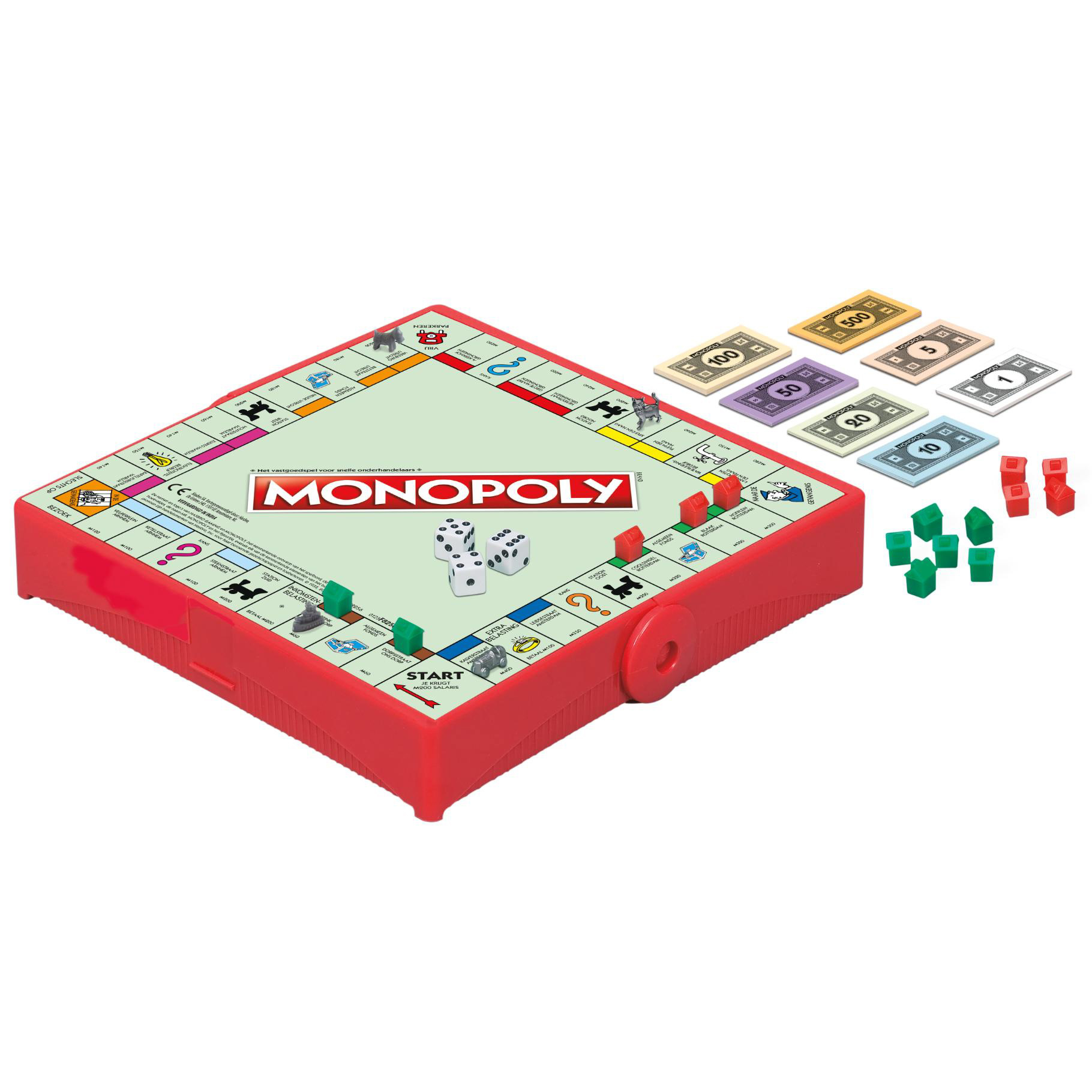 Un jeu de voyage Monopoly rouge avec des dés et de l'argent. Le plateau est rouge.