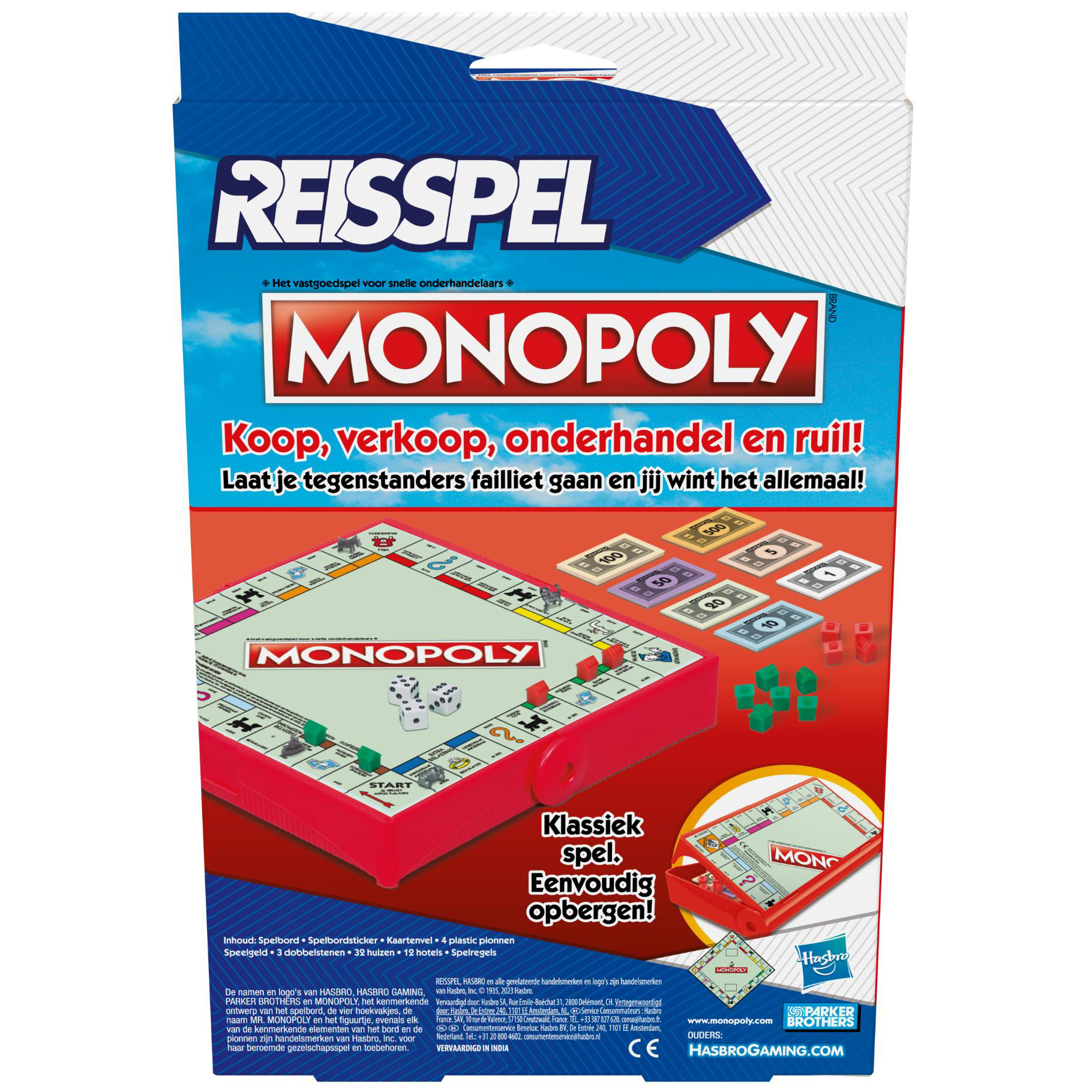 Boîte de jeu Monopoly, avec boîte rouge, argent de jeu, dés et pièces sur la table.