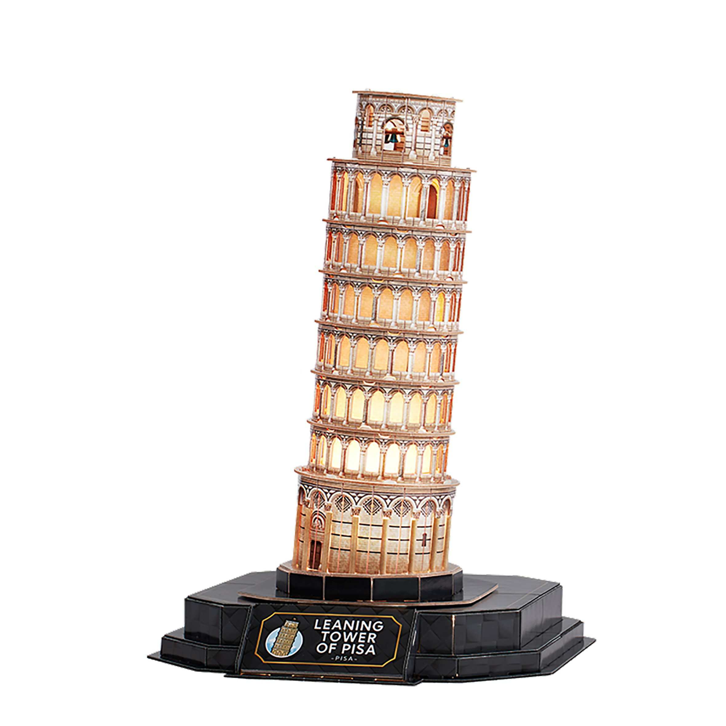 A model of the Leaning Tower of Pisa on a black base. The tower is brown and beige.
