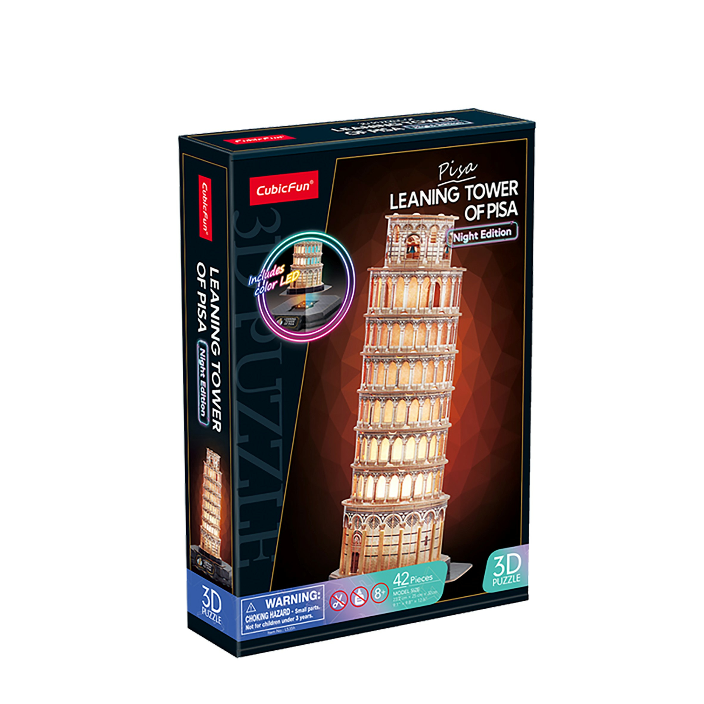 3D puzzle of the Leaning Tower of Pisa, with the puzzle box on the left side.