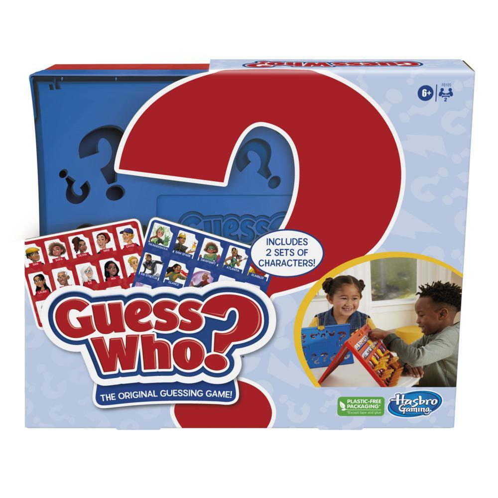 Raad eens? speldoos, met het spel opgesteld. Twee kinderen spelen het spel.