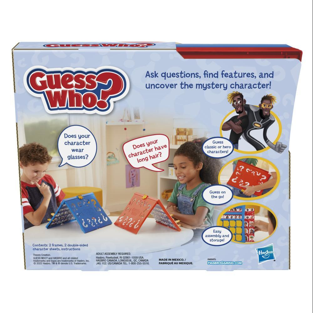 Achterkant van Guess Who? doos. Twee kinderen kijken naar het bord. Personages op het bord.