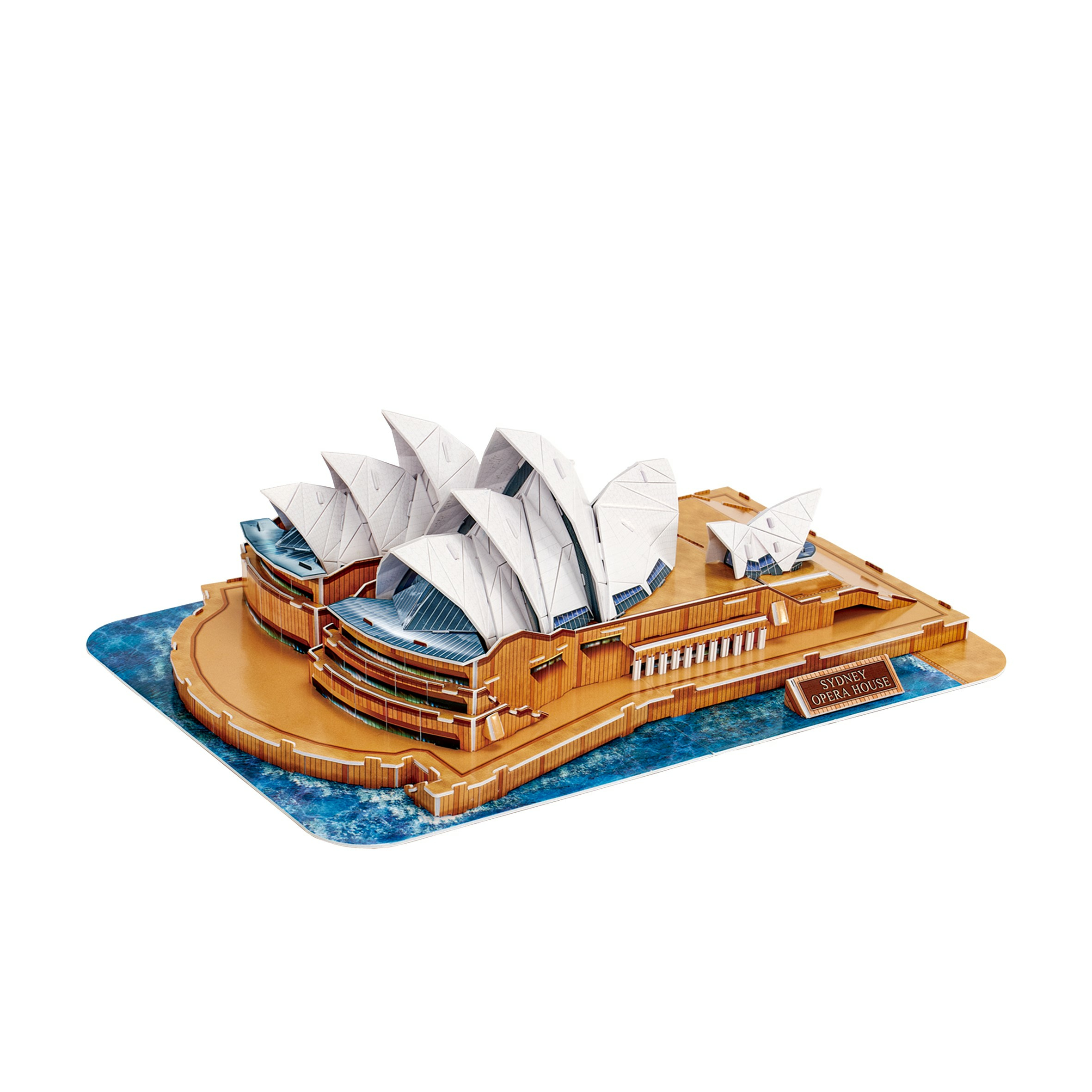 3D model of the Sydney Opera House on a blue base, with a white background.