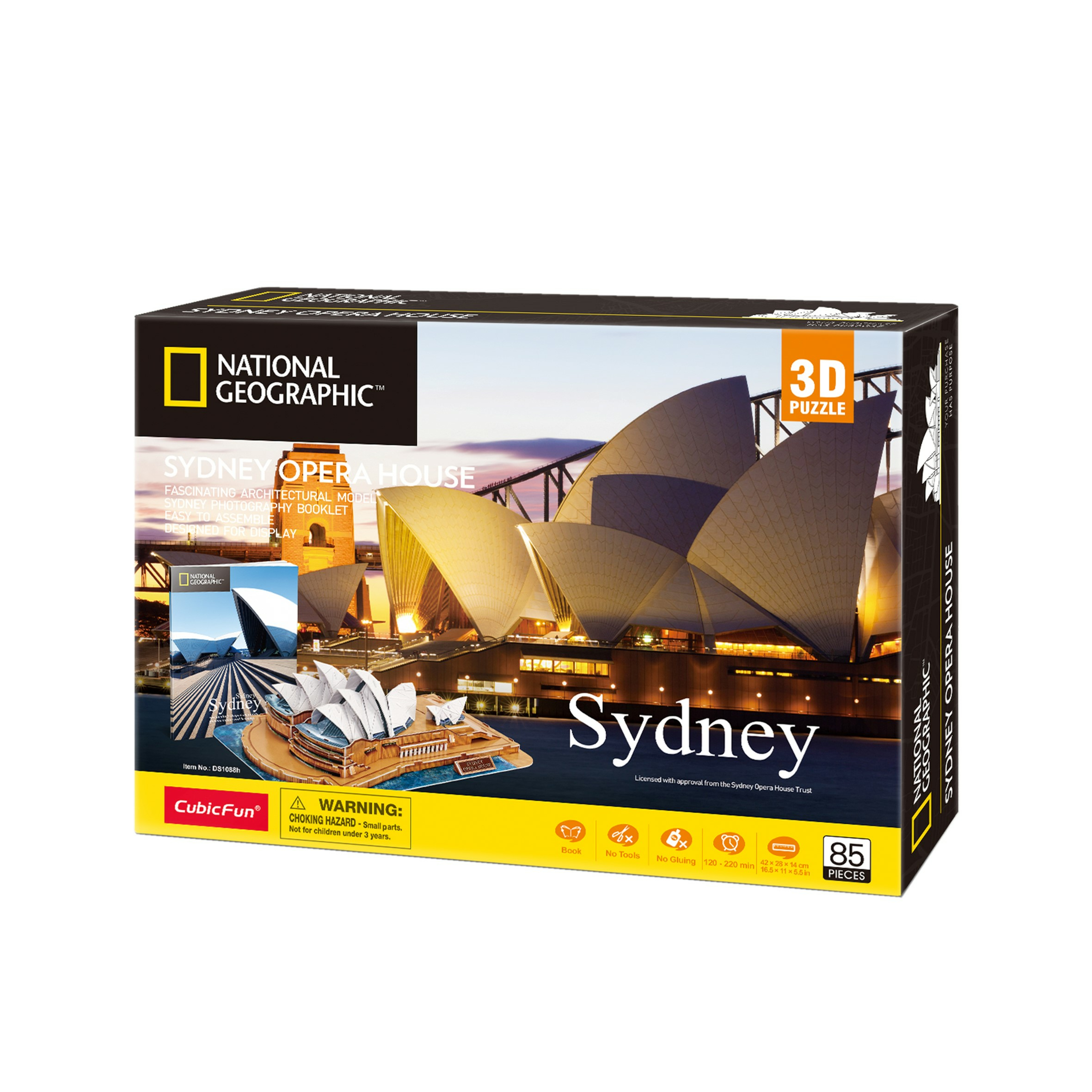 Box of a 3D puzzle of Sydney Opera House, with a picture of the completed model.