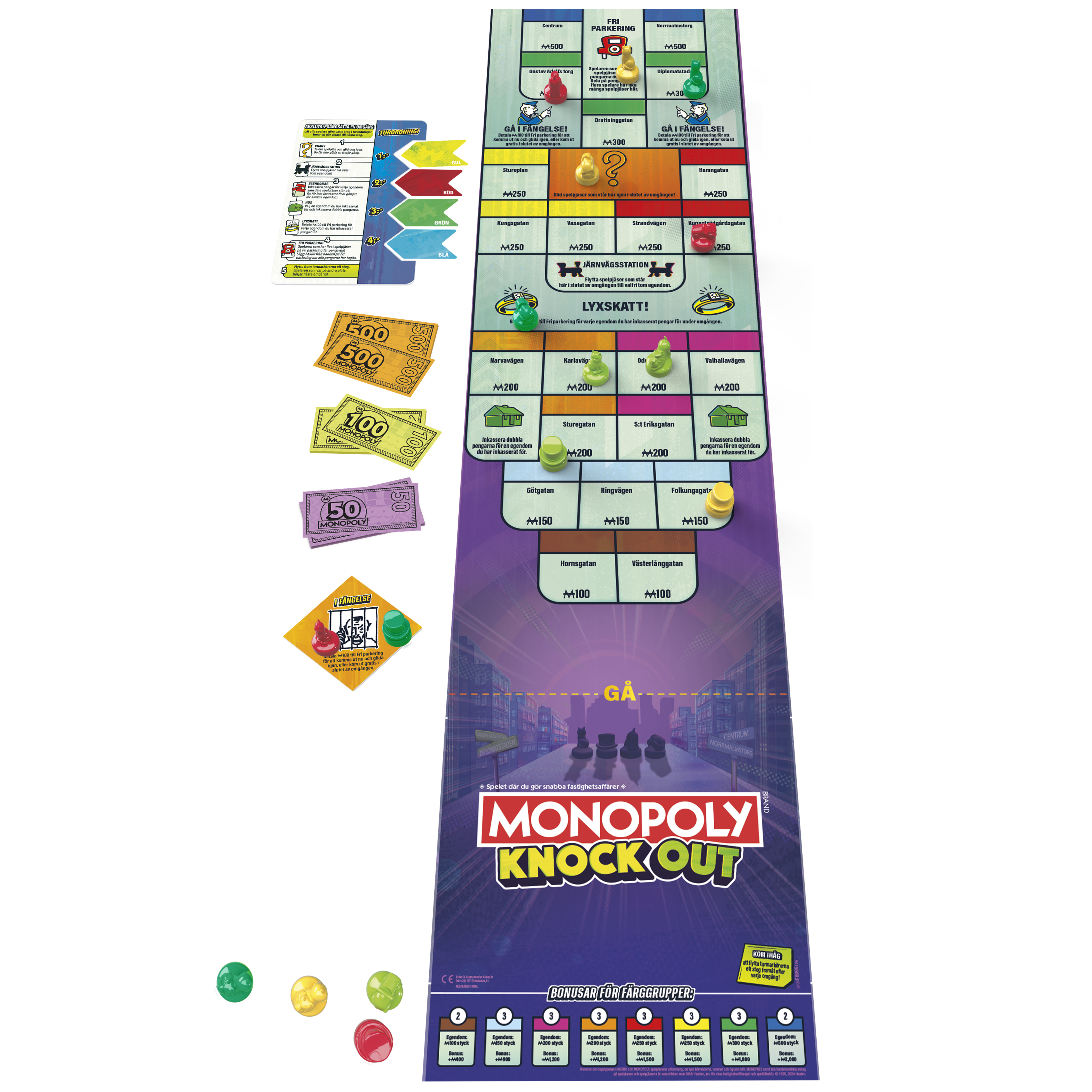 Monopoly Knock Out board game, with game pieces, money, and a game board.