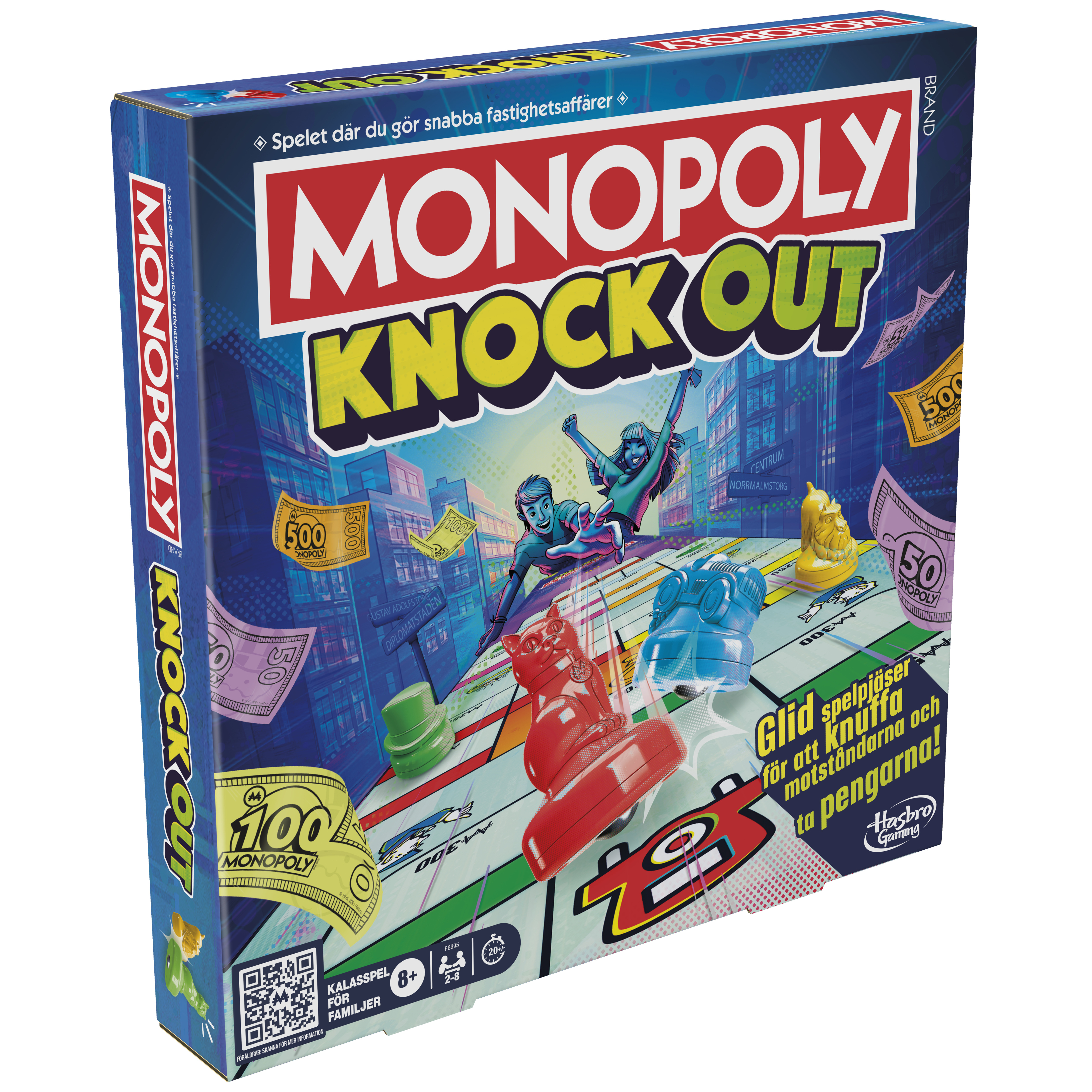 Monopoly Knockout board game box with game pieces, city artwork, and game info.