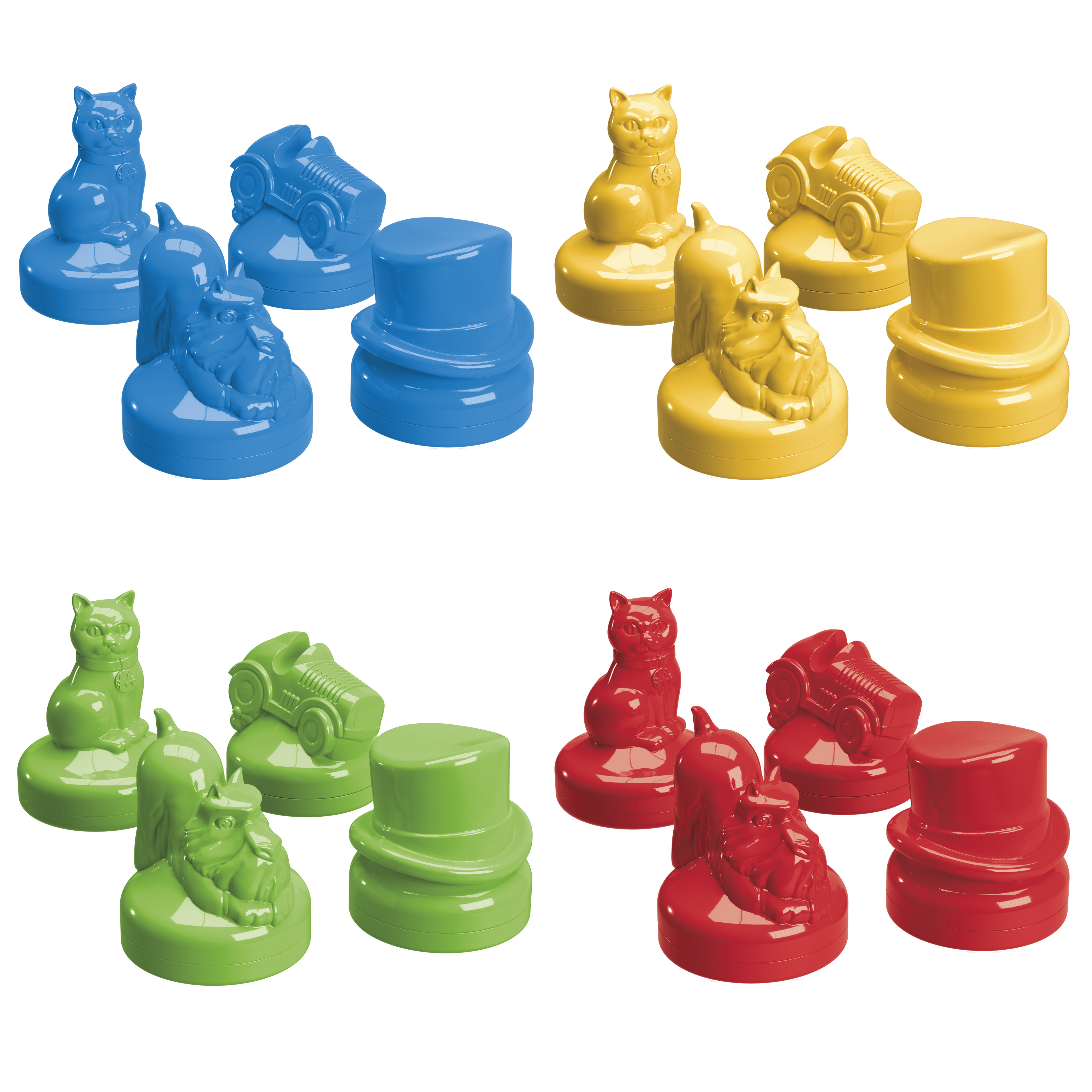 Four sets of Monopoly tokens: cats, cars, hats, and dogs, each in a different color.