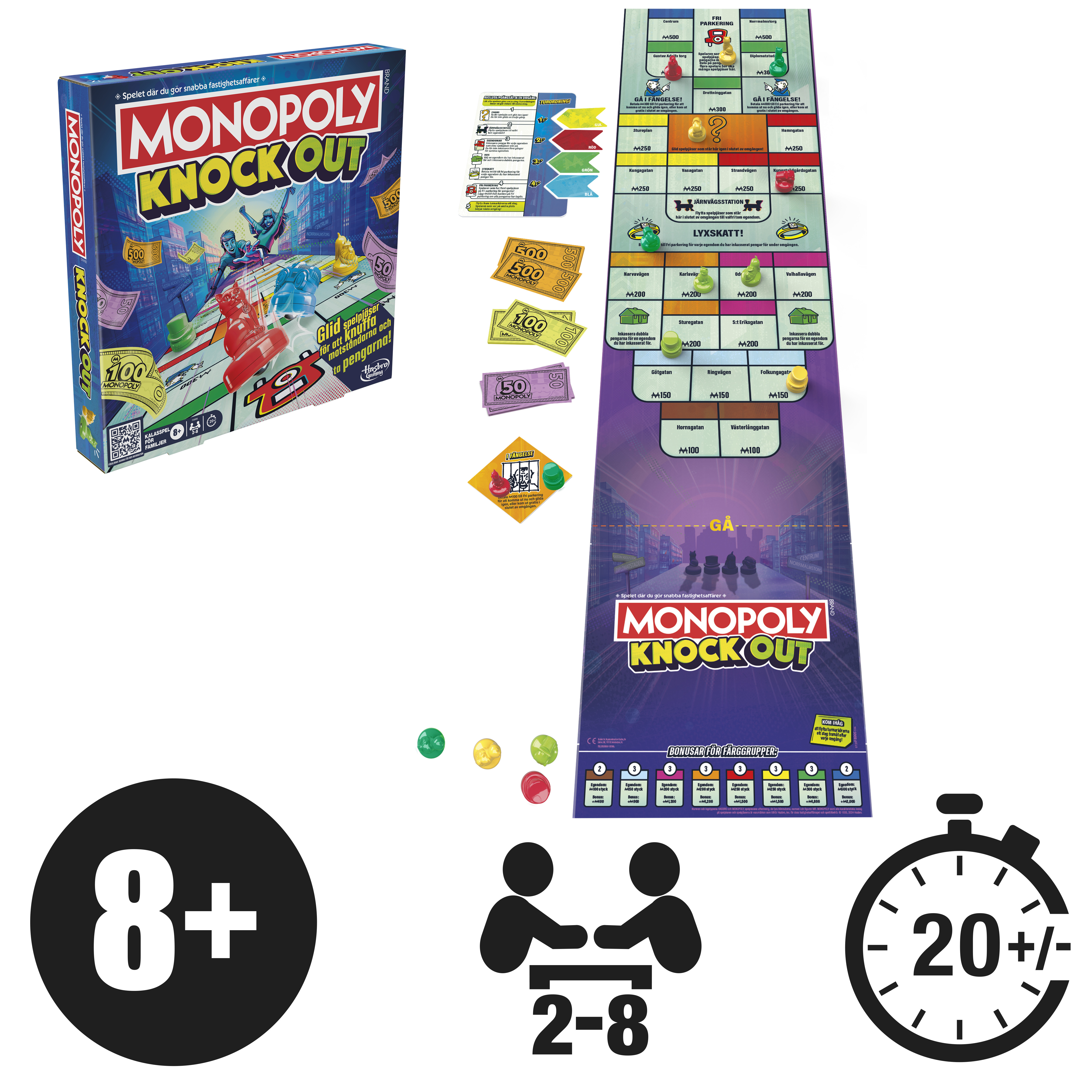 Monopoly Knockout board game with board, pieces, and box, with game details.