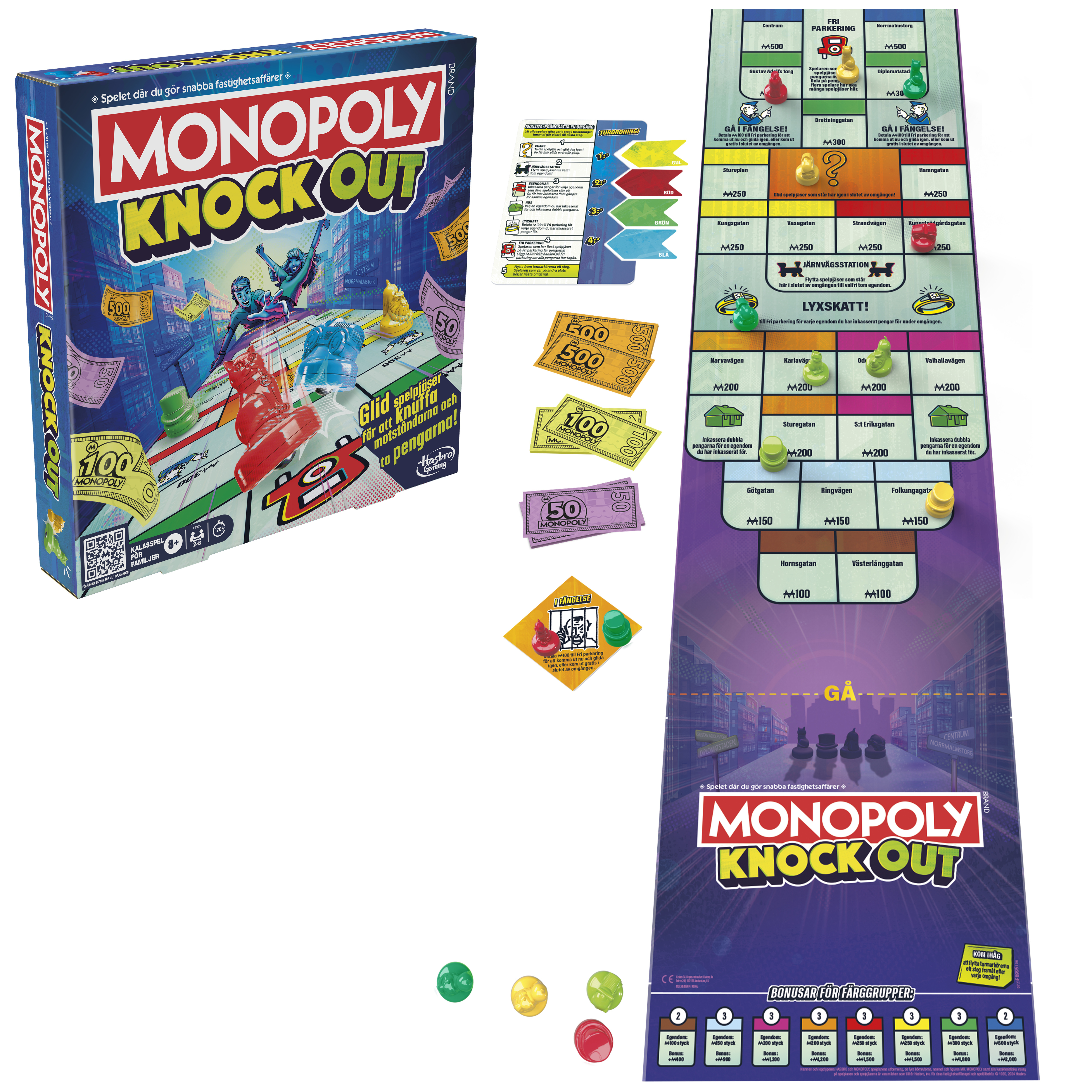 Monopoly Knockout board game setup. It includes the board, money, dice, cards, and game pieces.