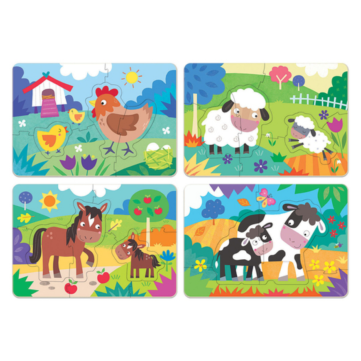 Czteroelementowa układanka ze zwierzętami gospodarskimi: kurą, owcą, koniem i krową. Każdy element jest jaskrawo kolorowy.