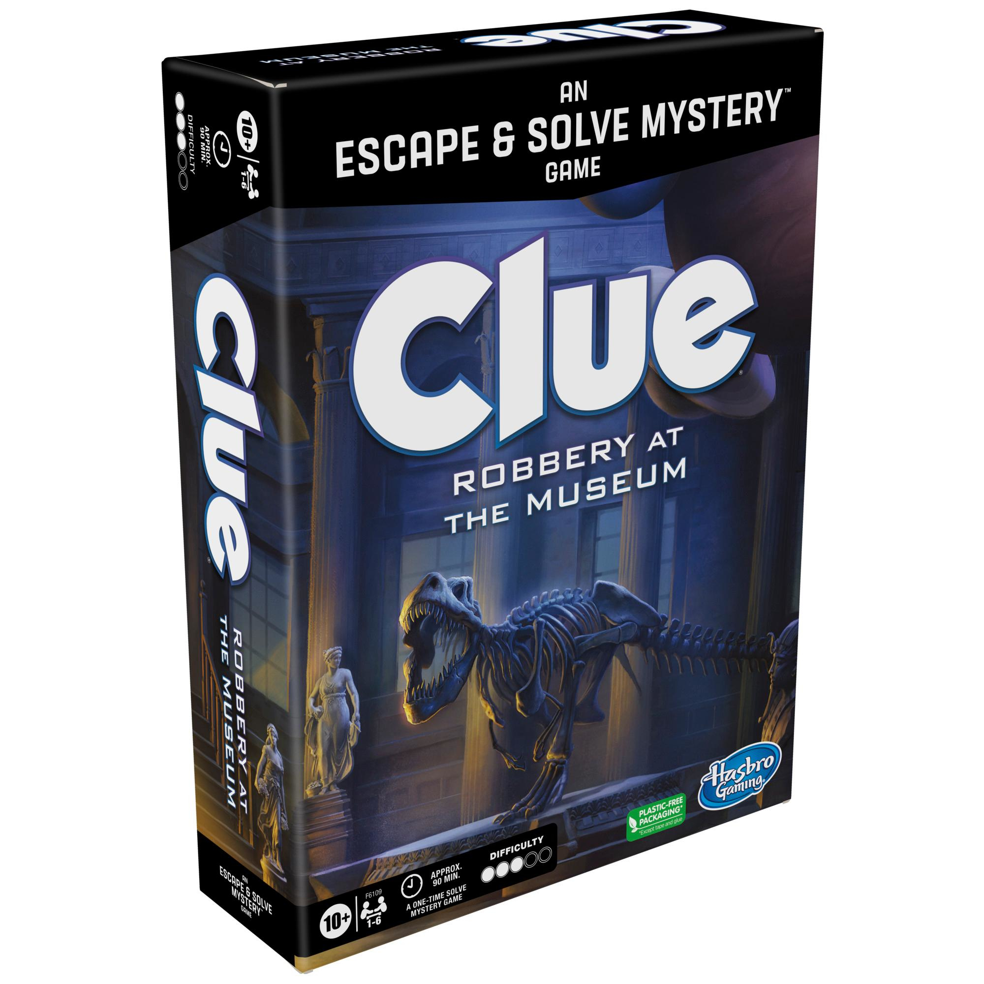 Juego de mesa Clue: Robo en el Museo. Cuenta con un esqueleto de dinosaurio en la caja.
