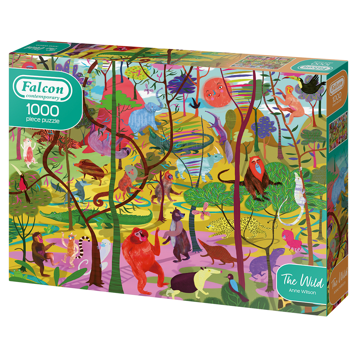 Caja de rompecabezas con una escena de jungla llena de animales. Una ilustración colorida.