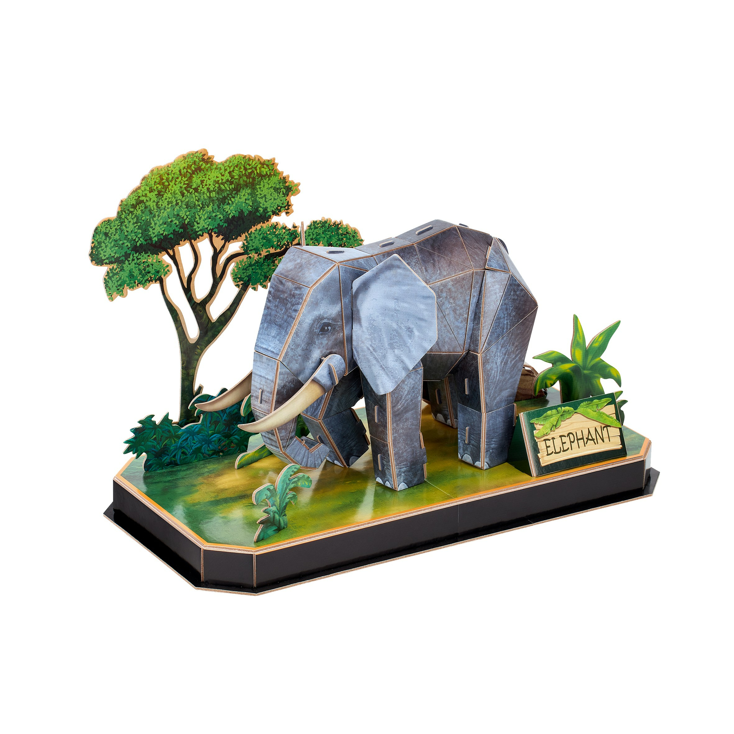 3D Elephant puzzle model. The model is on a platform, with a tree and some plants.