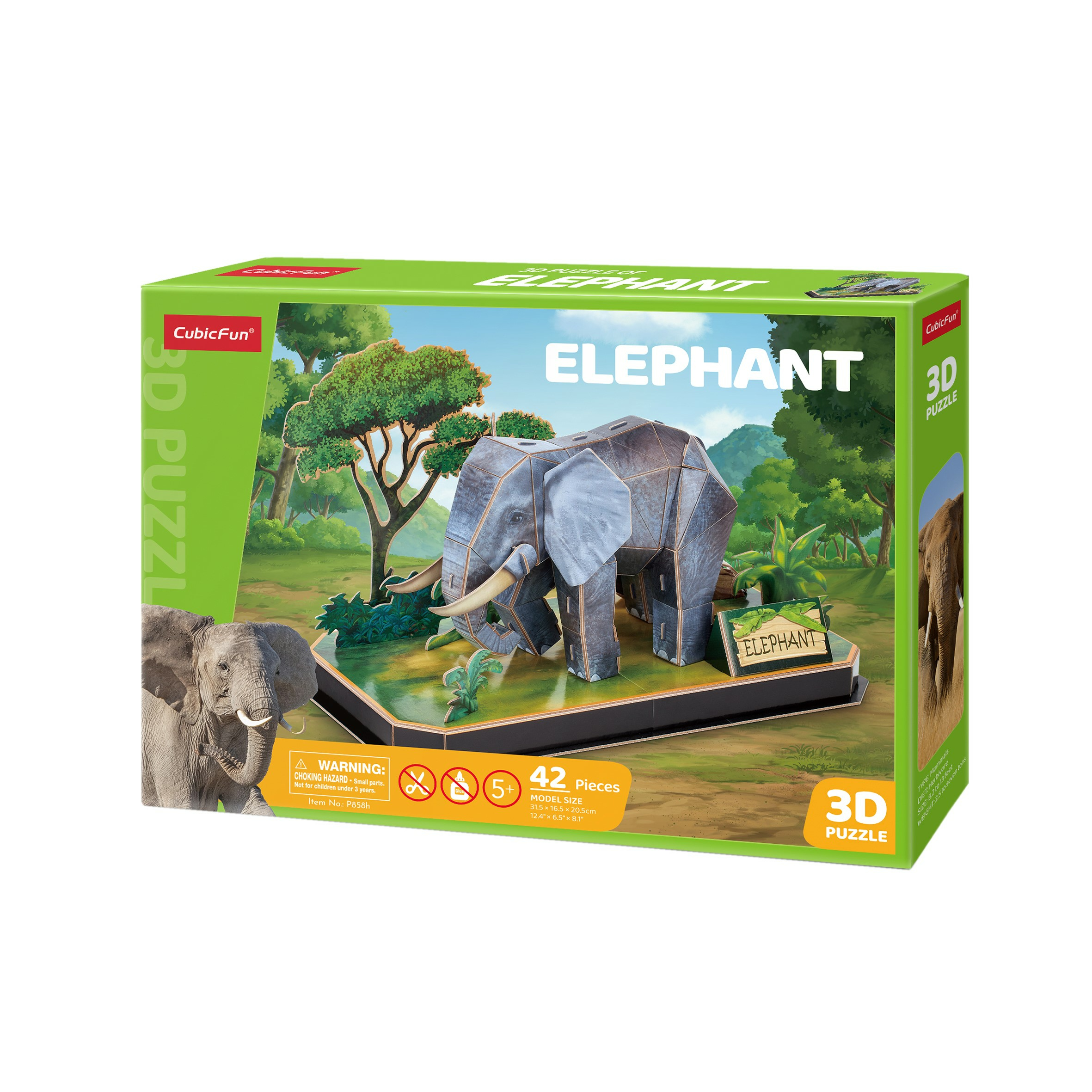 Boxed 3D elephant puzzle. Features the elephant model, jungle scene, and the game's name.