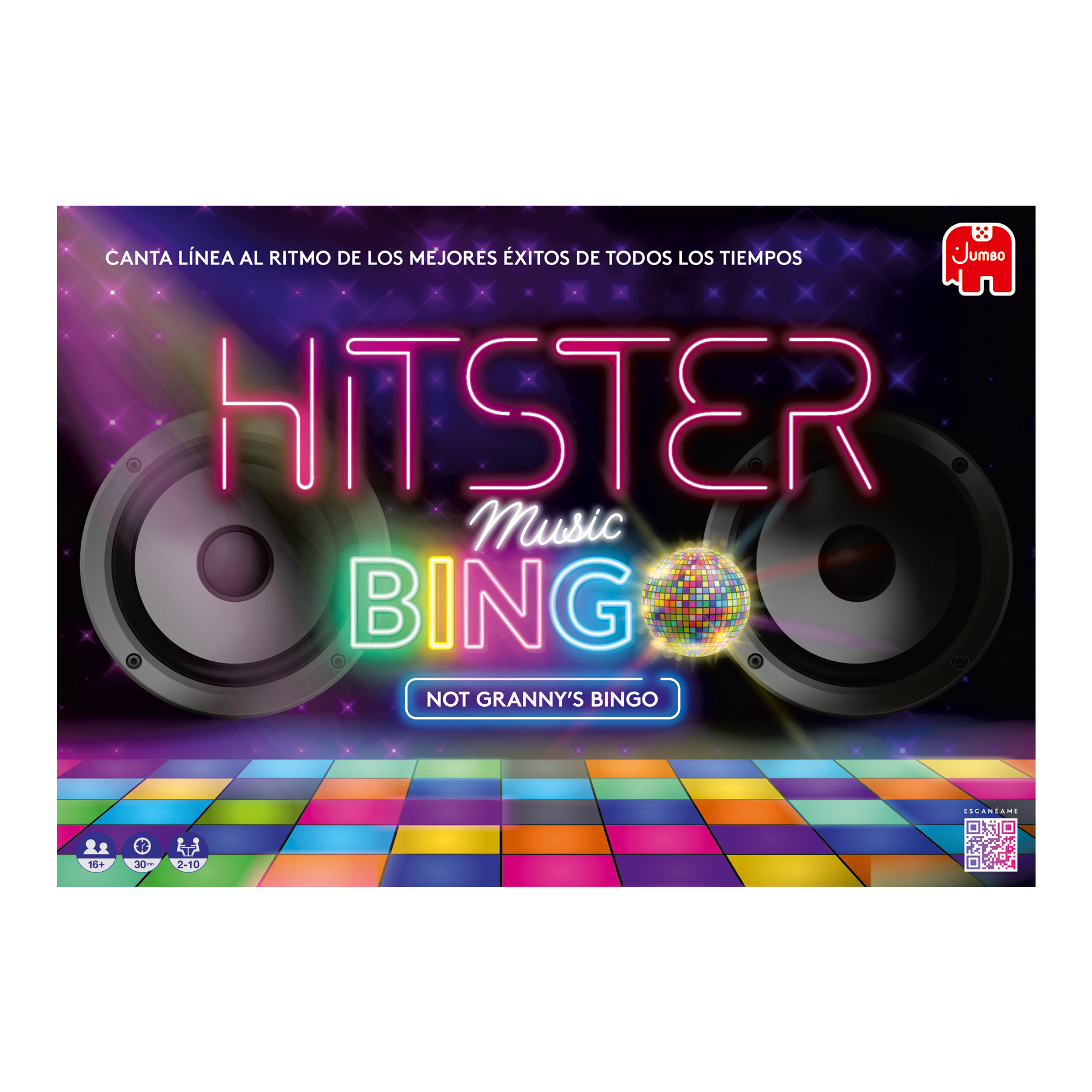 Pudełko gry Hitster Music Bingo. Zawiera głośniki, kulę dyskotekową i tytuł gry.