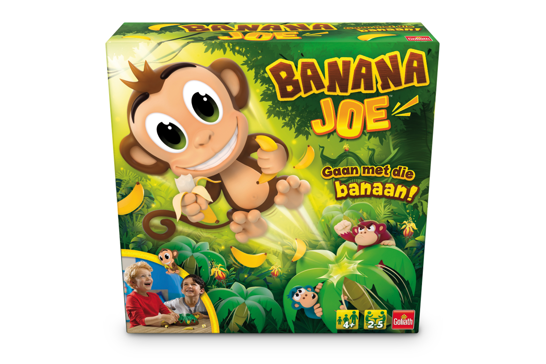 Juego de caja Banana Joe con ilustración de mono. El juego tiene fondo de selva y fondo blanco.