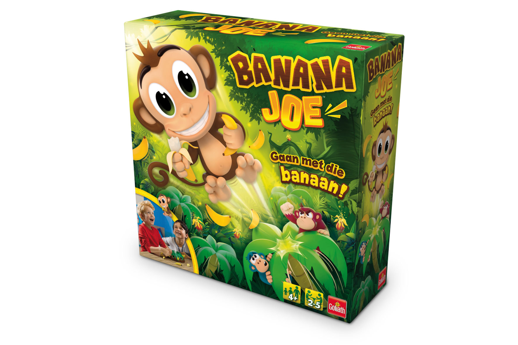 Caja del juego Banana Joe con ilustración de un mono. El fondo es una escena de la selva.