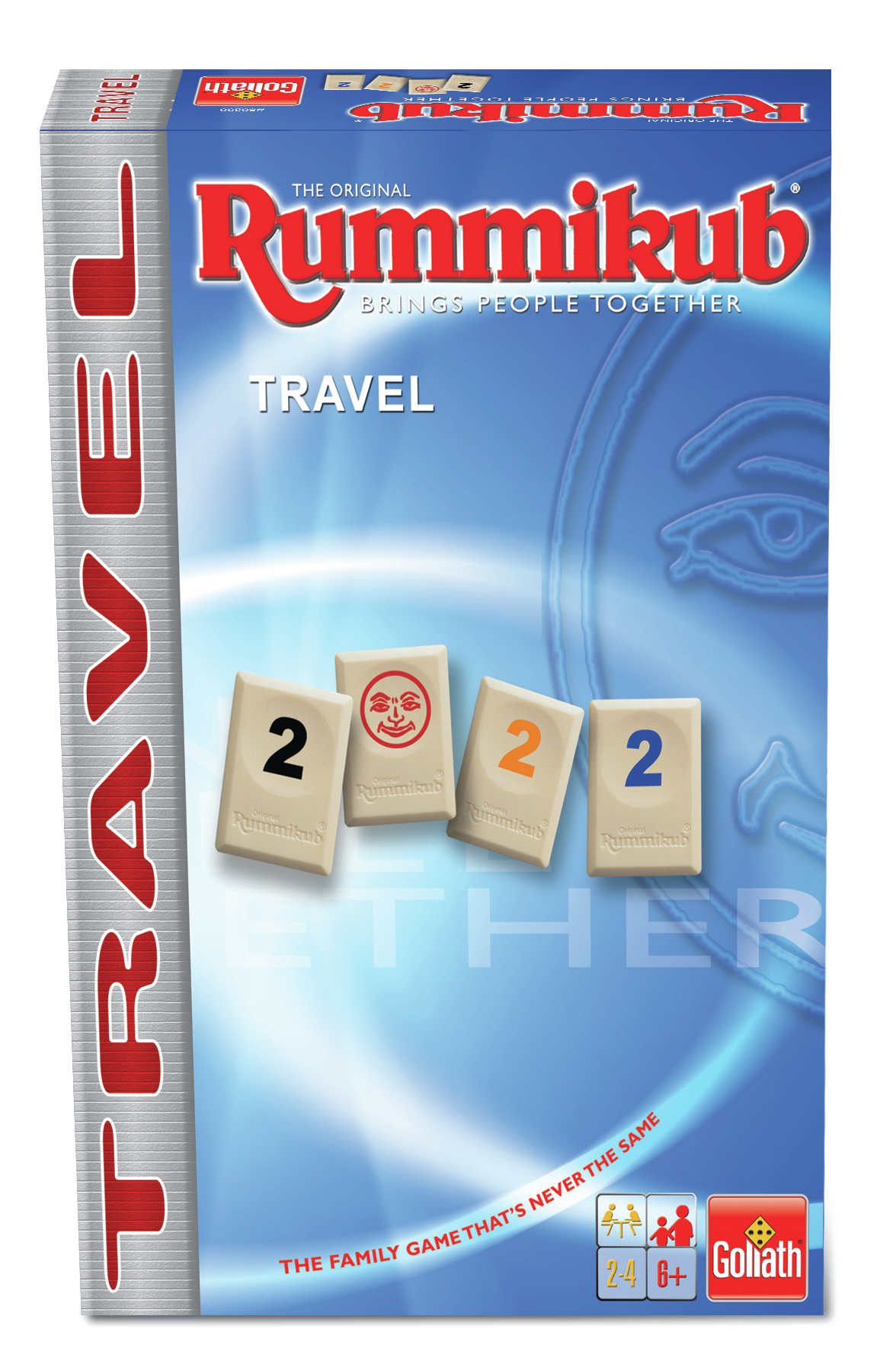 Pudełko gry Rummikub Travel z kafelkami, pokazujące niebiesko-biały wzór.
