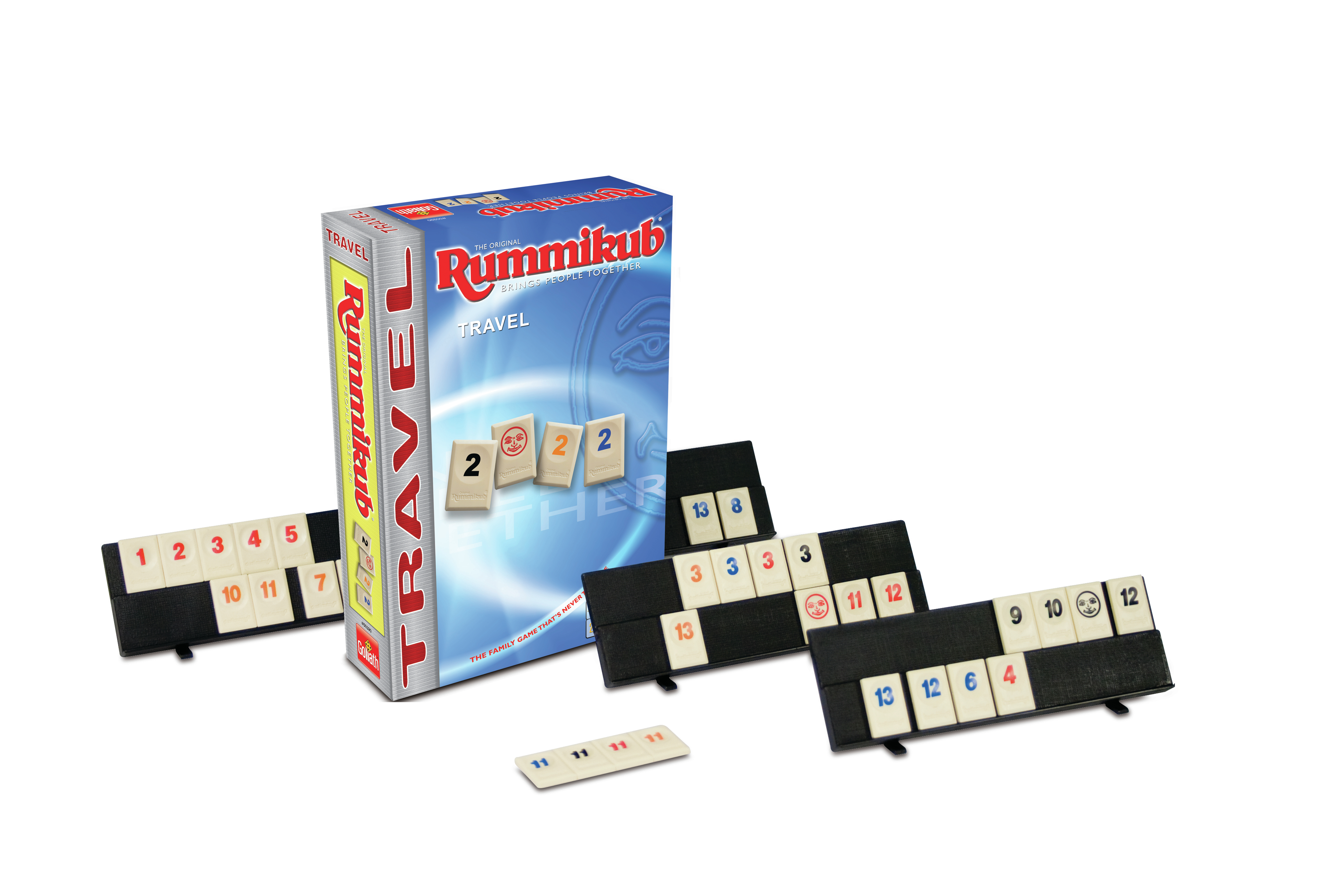 Pudełko gry Rummikub Travel z kafelkami oraz niebiesko-białym wzorem gry.