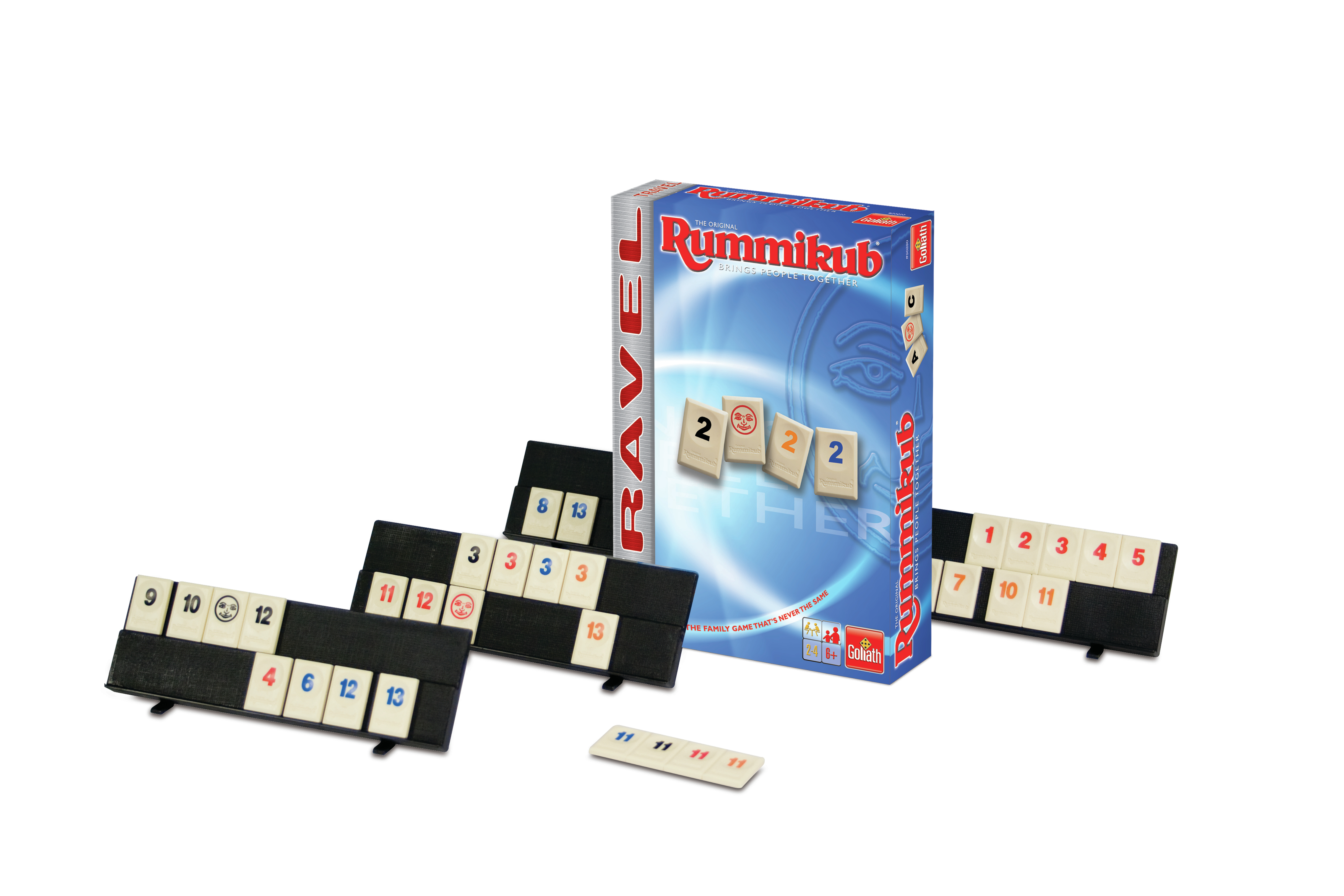 Zestaw do gry Rummikub z kafelkami i planszami do gry. Pudełko w tle.