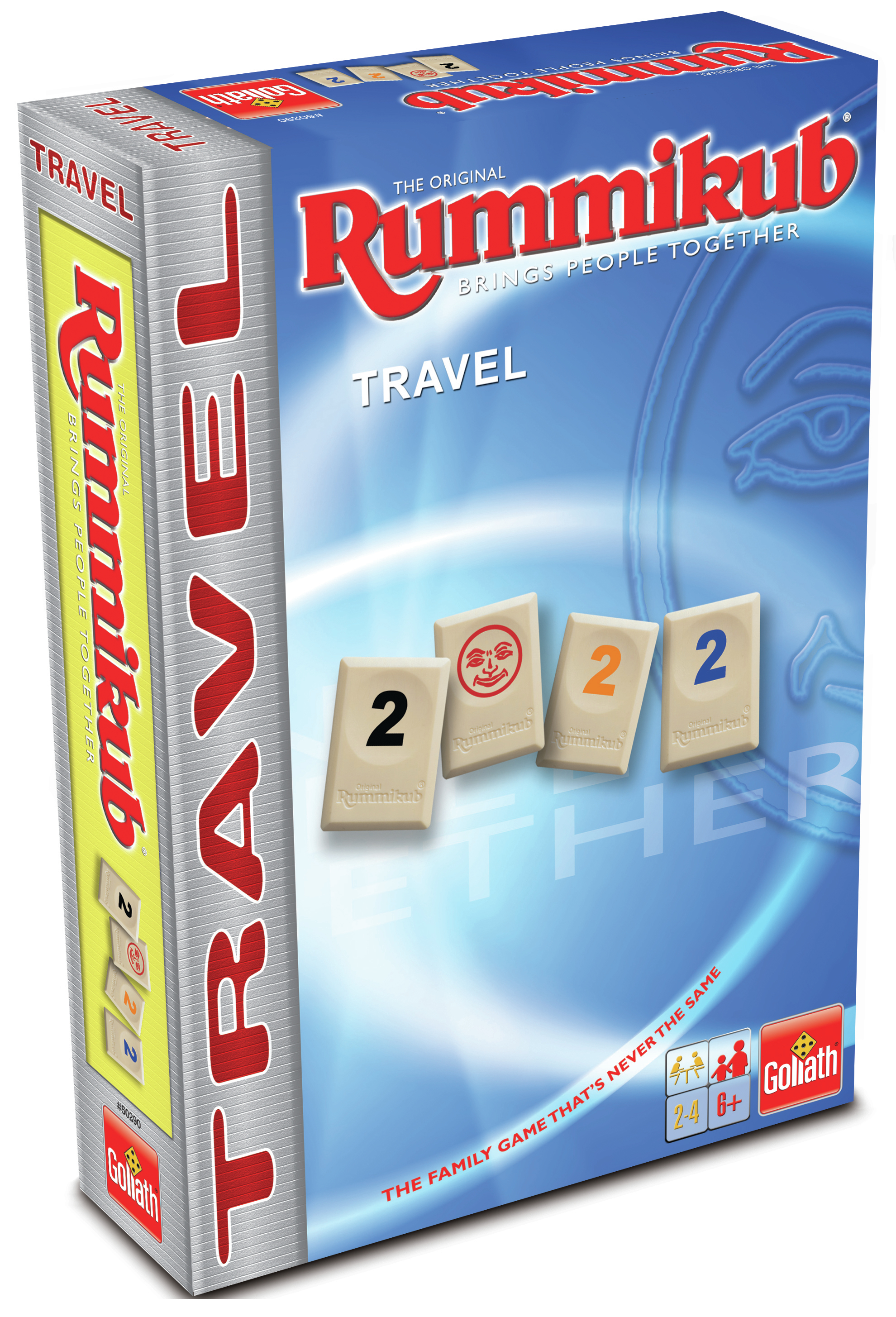 Pudełko gry Rummikub Travel z kafelkami. Pudełko jest srebrno-białe z tytułem gry.