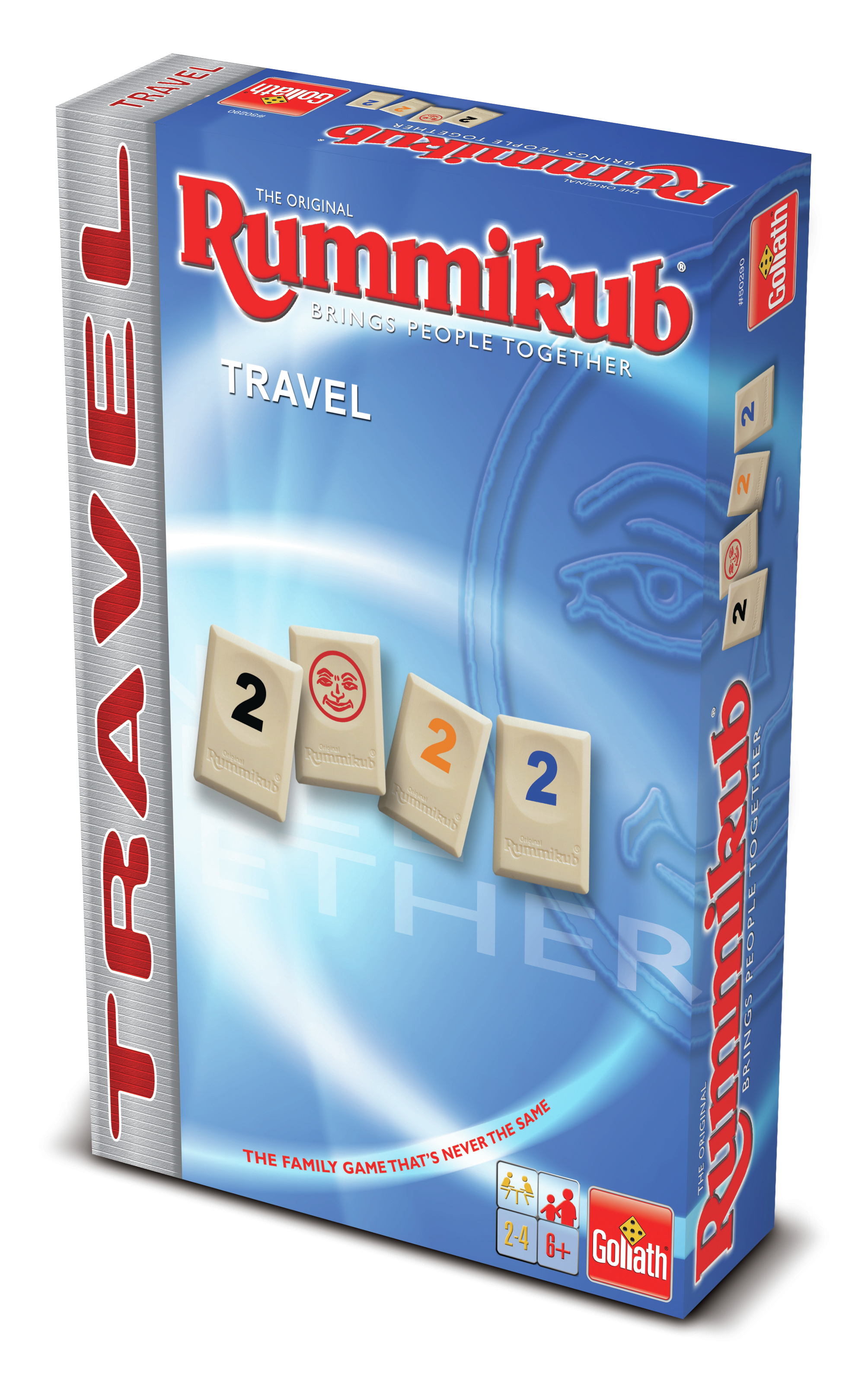 Pudełko gry Rummikub Travel z kafelkami. Pudełko jest niebiesko-białe z tytułem gry.