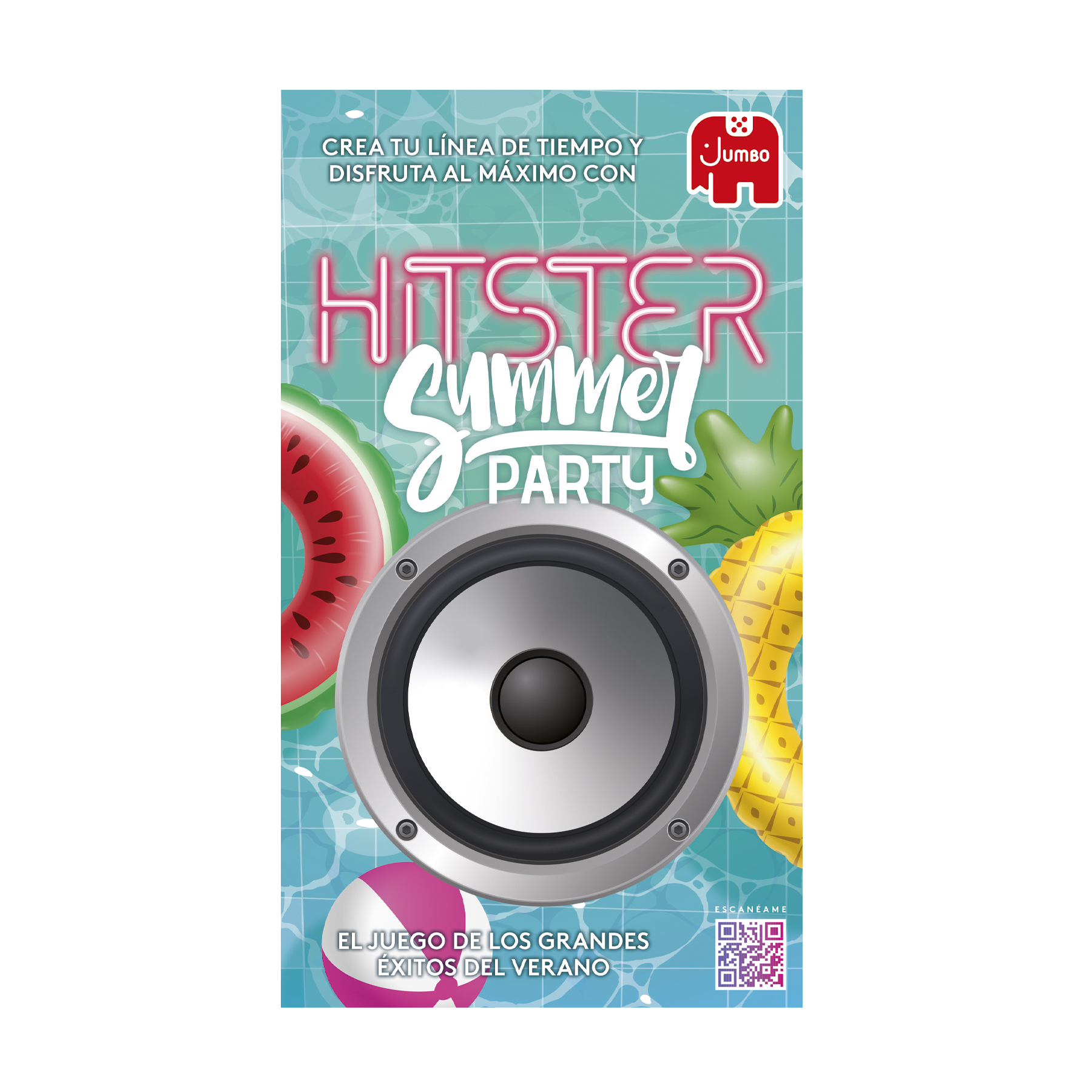 Pudełko do gry z głośnikiem, arbuzem, ananasem i różową piłką. Tytuł to 'Hitster Summer Party'.