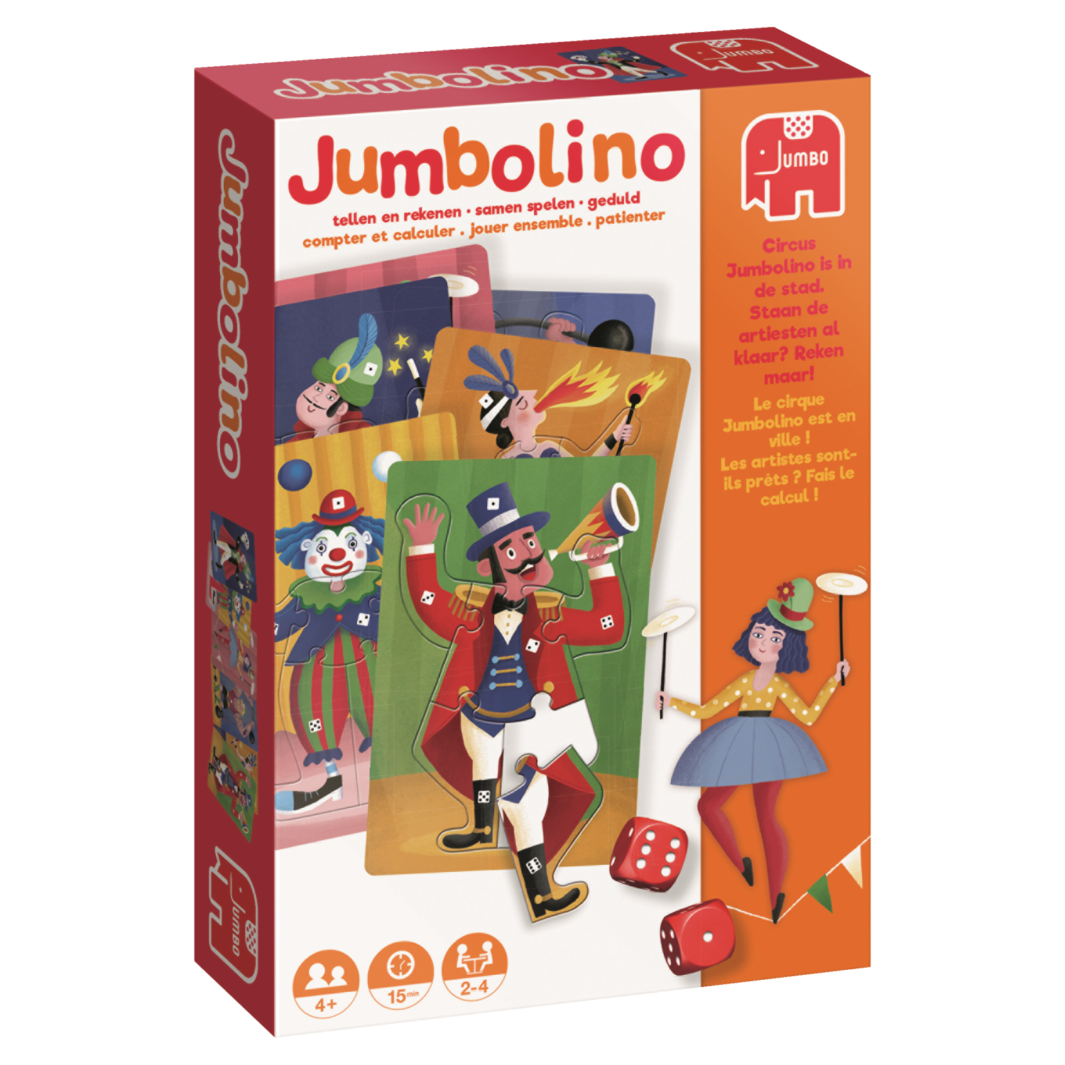 Una scatola del gioco Jumbolino. Ha pezzi del gioco a tema circo e un tabellone.