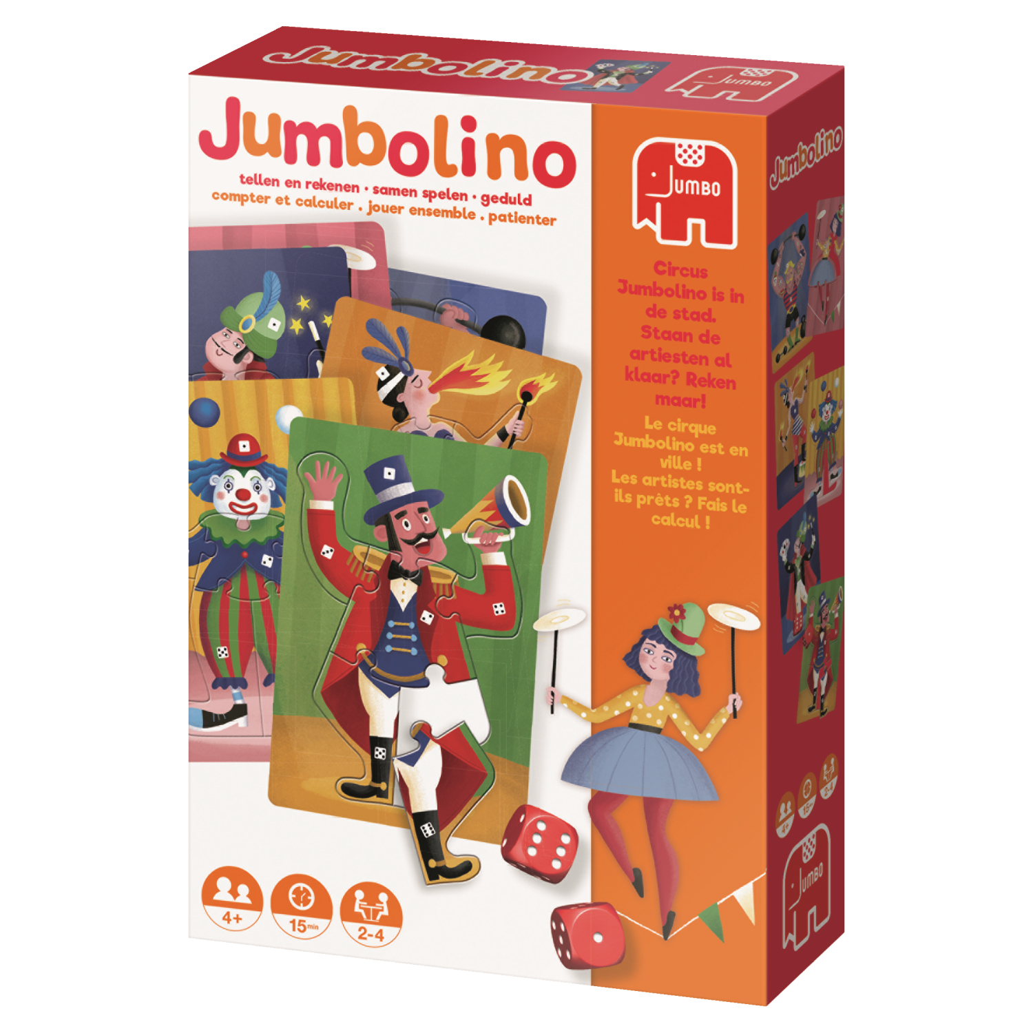 Scatola di gioco intitolata 'Jumbolino' con illustrazioni a tema circense e pezzi di gioco.