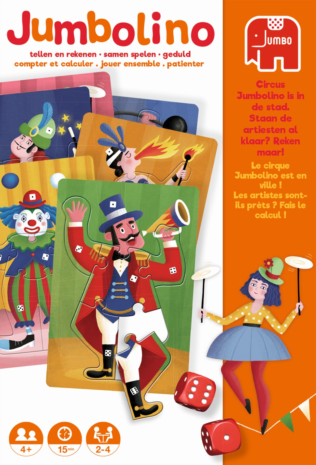 Scatola del gioco per bambini Jumbolino a tema circo, con illustrazioni e un dado rosso.