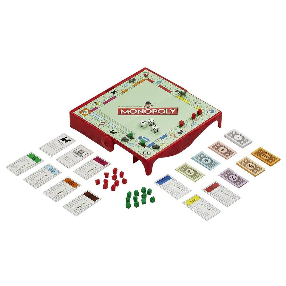Monopoly-Brettspiel-Set. Enthält ein rotes Spielbrett, Karten, Würfel, Spielfiguren und Spielgeld.
