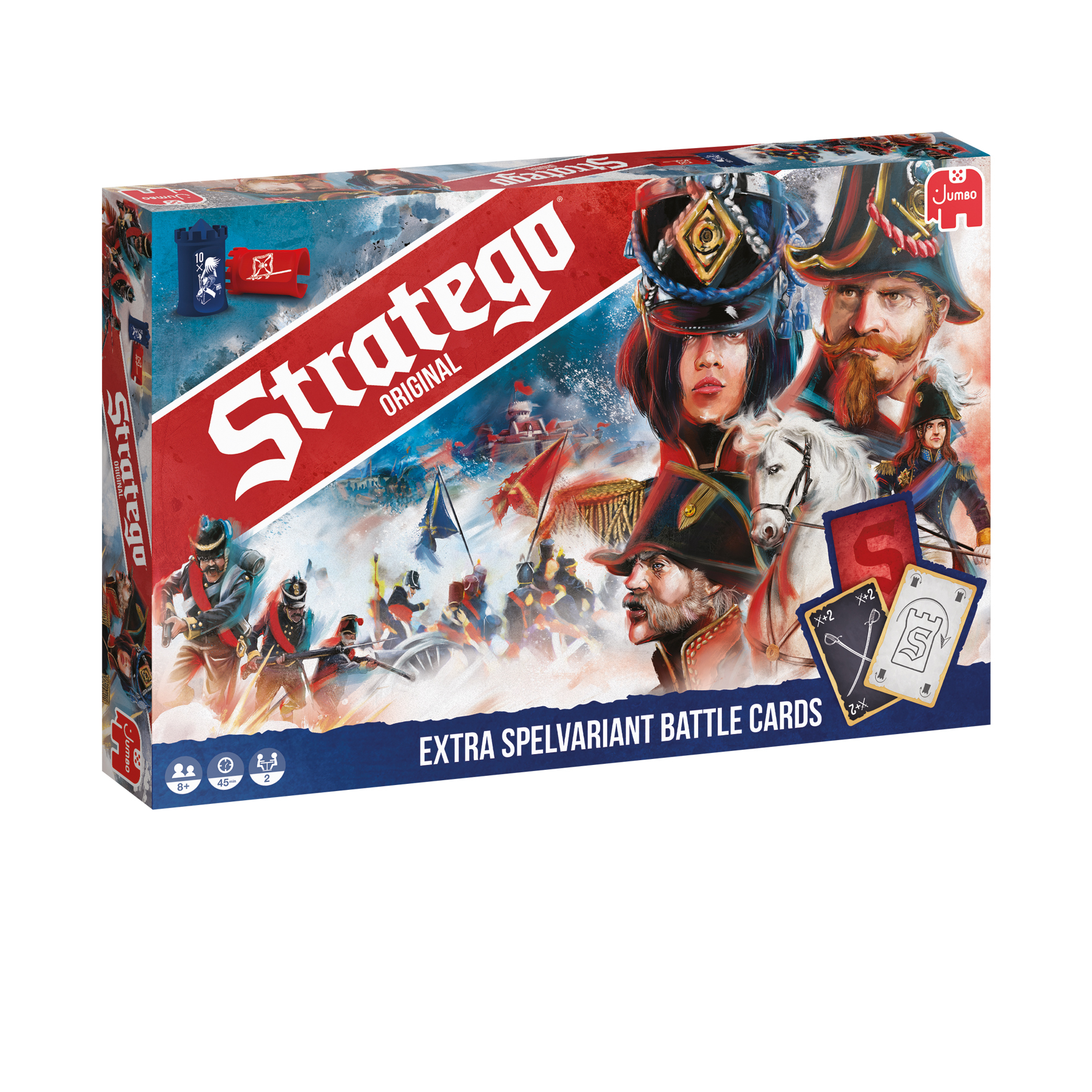 Stratego Original doos. Bevat illustraties van militaire figuren en strijdkaarten.