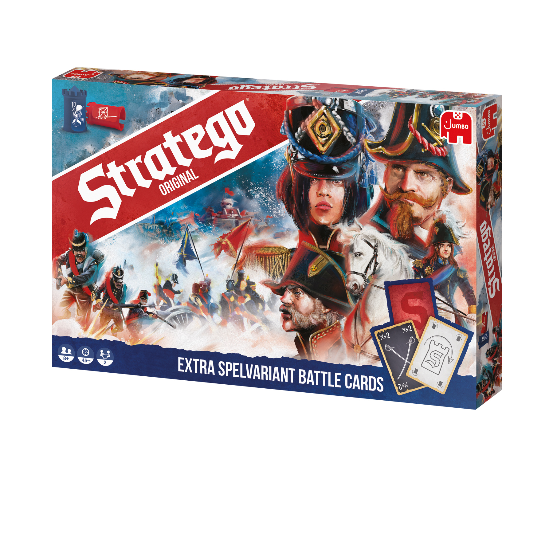 Stratego Original doos. Bevat illustraties van militaire figuren en strijdkaarten.