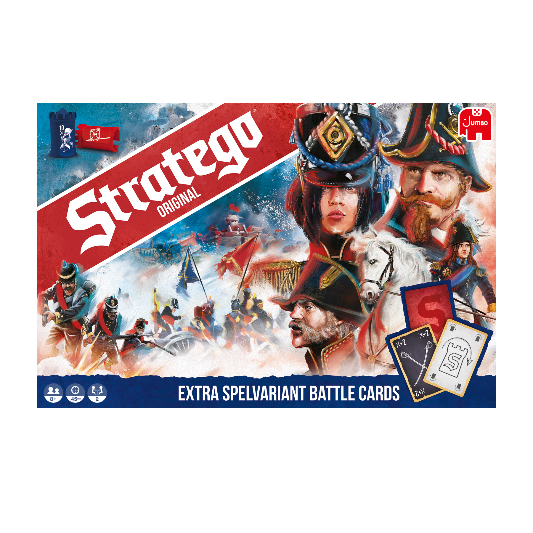 Stratego Original doos. Bevat illustraties van militaire figuren en strijdkaarten.