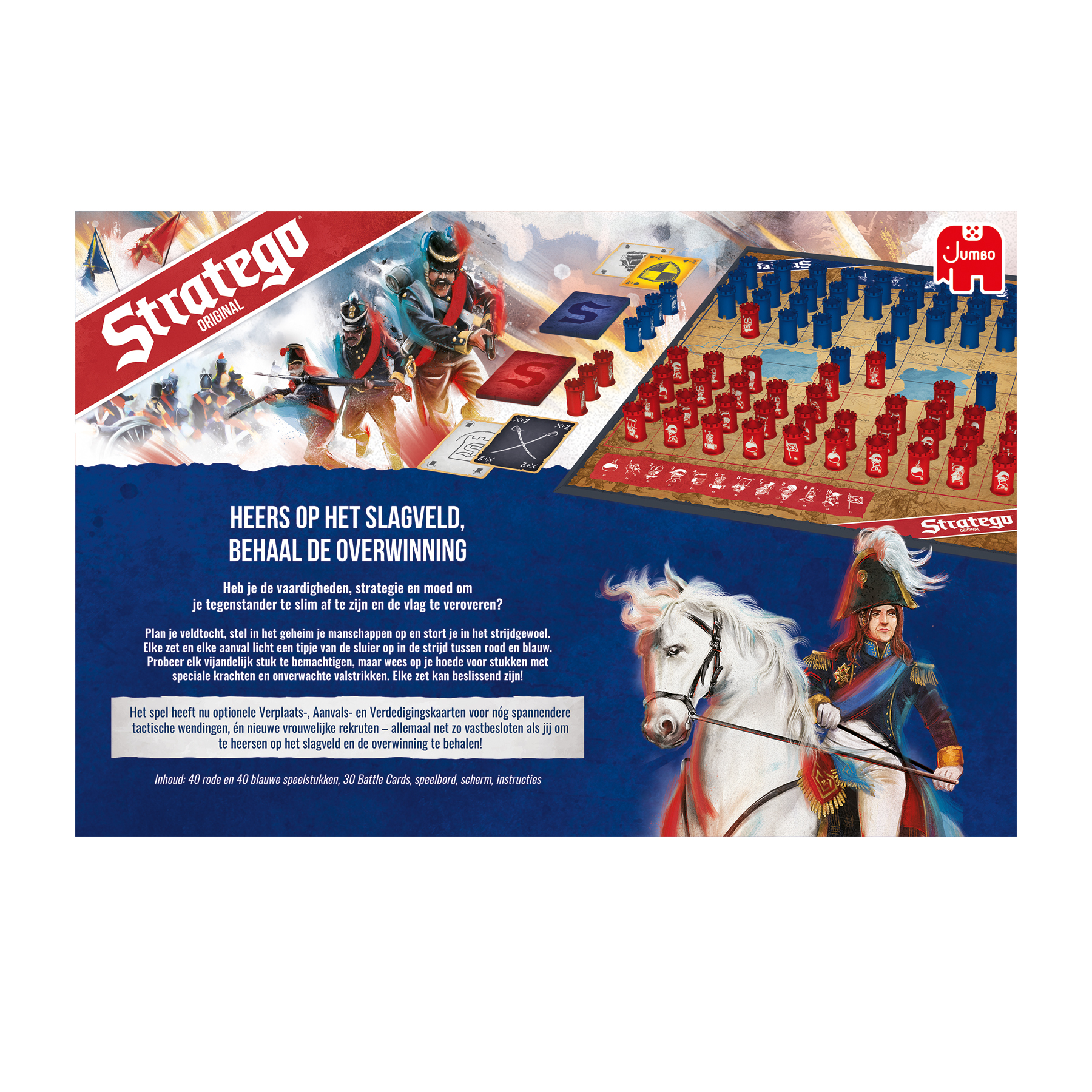 Stratego bordspel doos, met een gevechtsscène met soldaten en een wit paard met een ruiter.