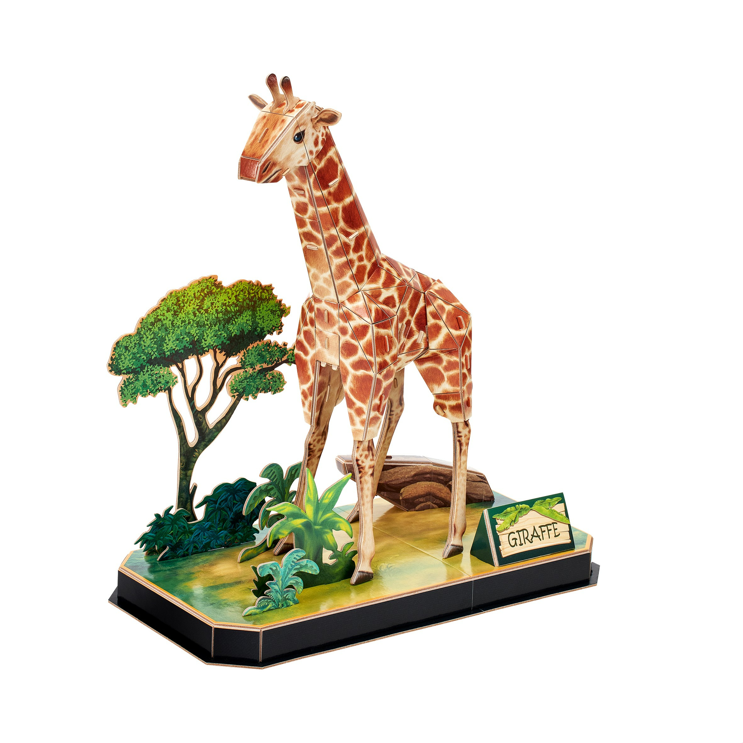 Rompecabezas 3D de jirafa con modelo, árbol y base.