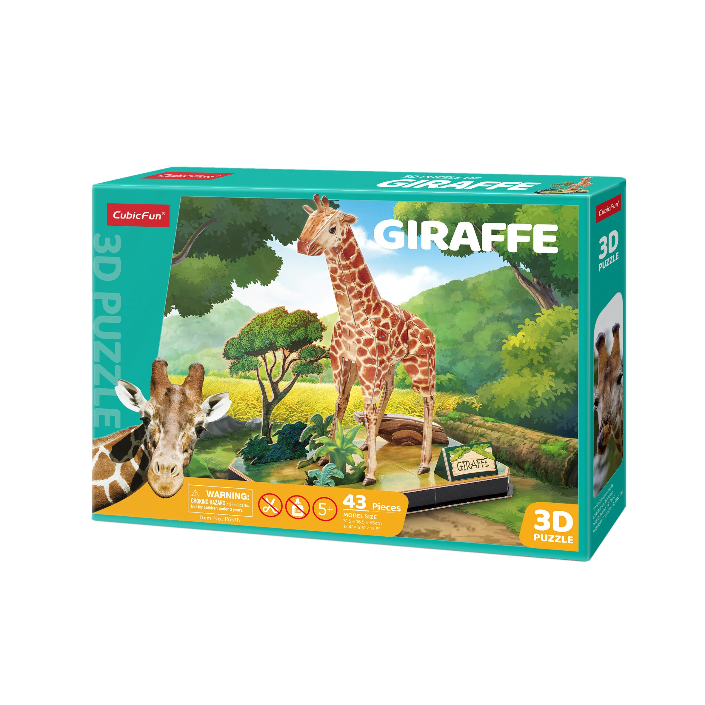Caja de rompecabezas 3D de jirafa que muestra una jirafa y un rompecabezas 3D ensamblado.