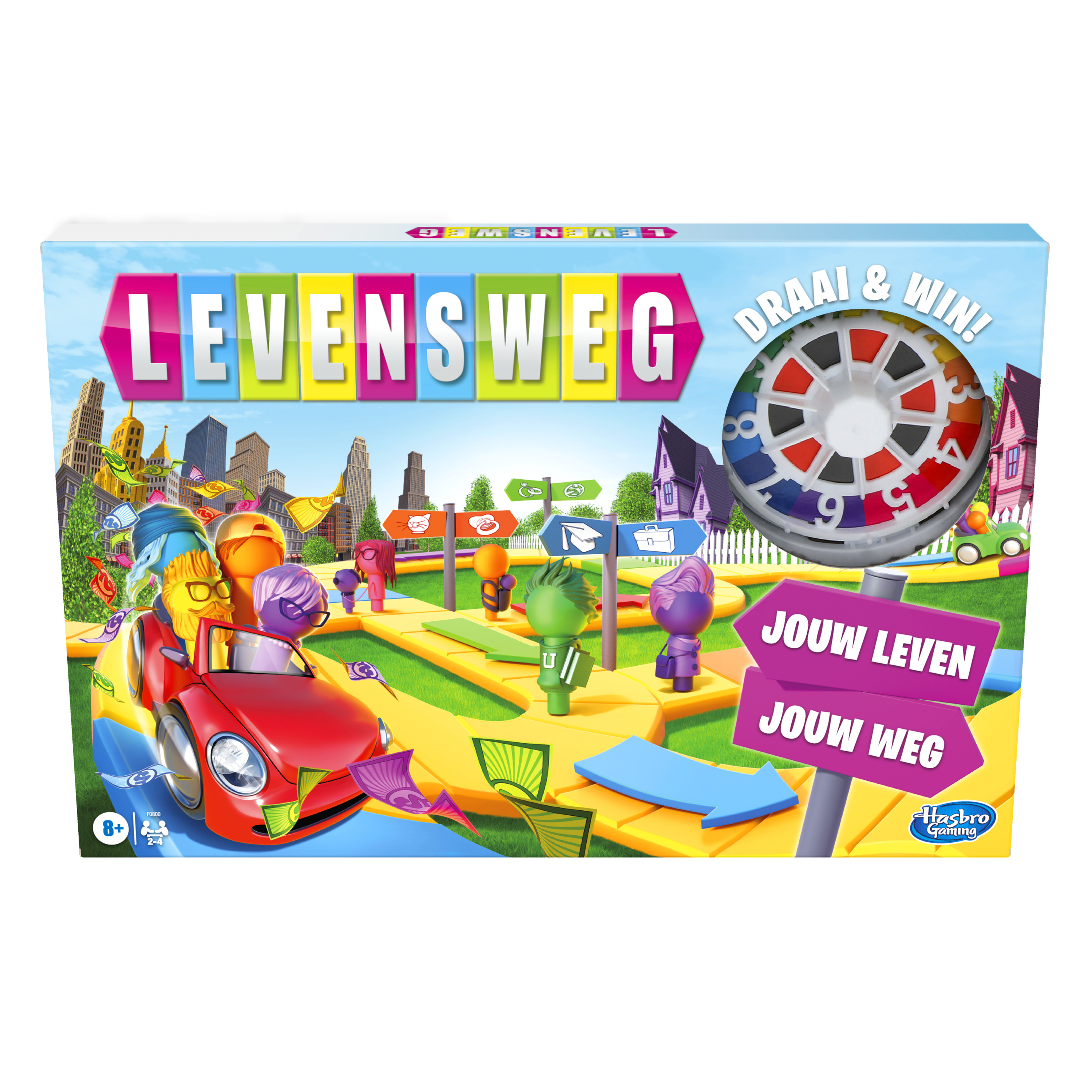 Levensweg speldoos, met een auto en pionnen op het spelbord.