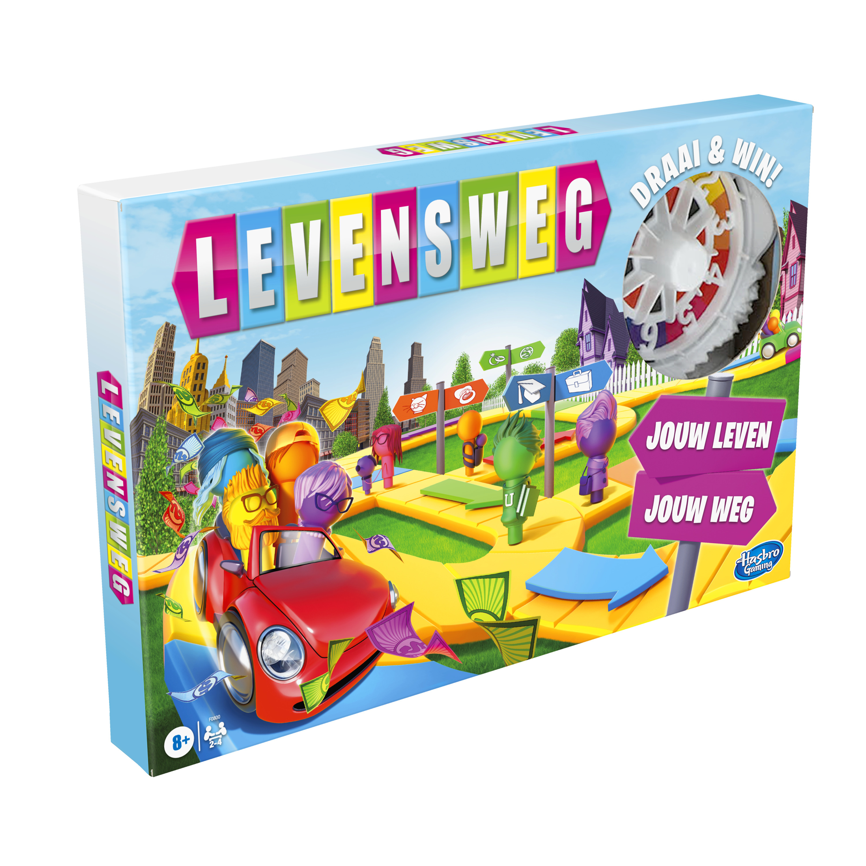 Een bordspeldoos met kleurrijke graphics en tekst. Er is een rode auto en spelkarakters.
