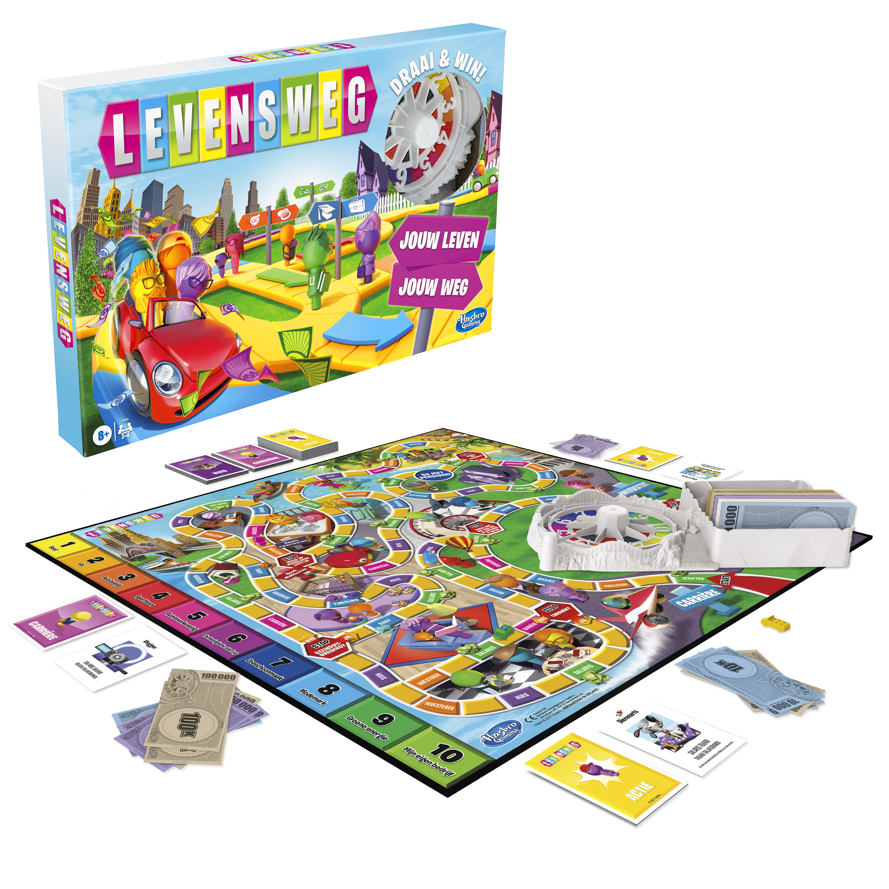 Bordspel 'Levensweg' doos en opstelling, met bord, kaarten en een draaiwiel. Het spel is in het Nederlands.