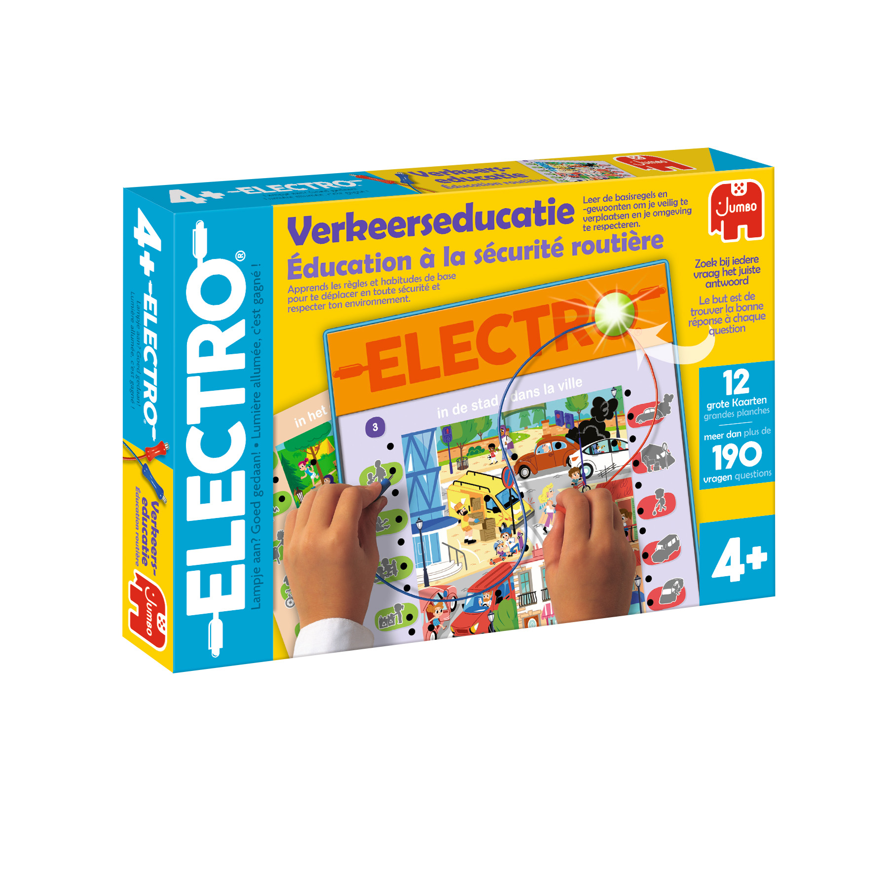 Doos met een leerspel. Een hand wijst naar een tekening op een kaart met stads- en weg afbeeldingen.