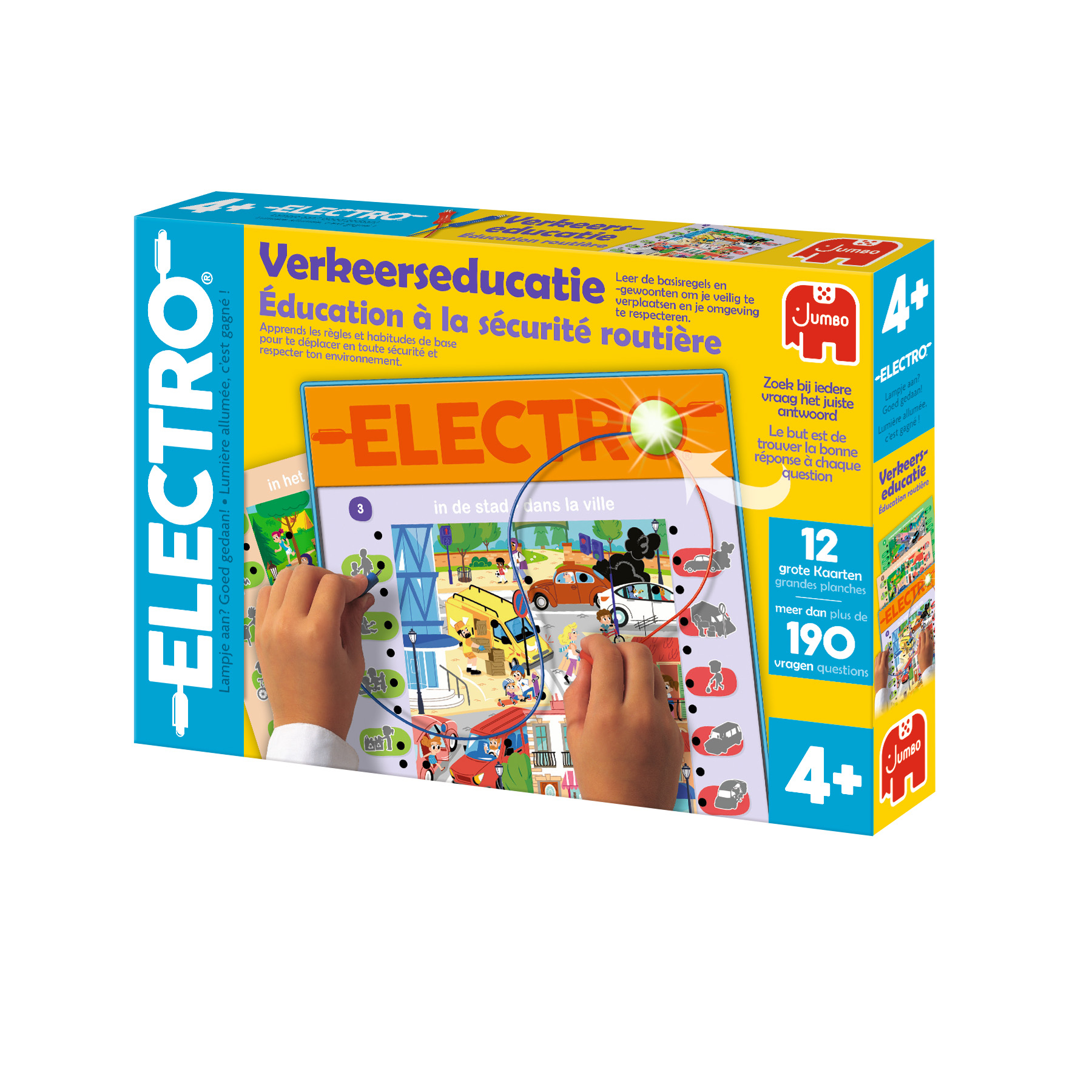 Doos van het 'Verkeerseducatie' spel. Handen interageren met het spelbord met wegscènes.