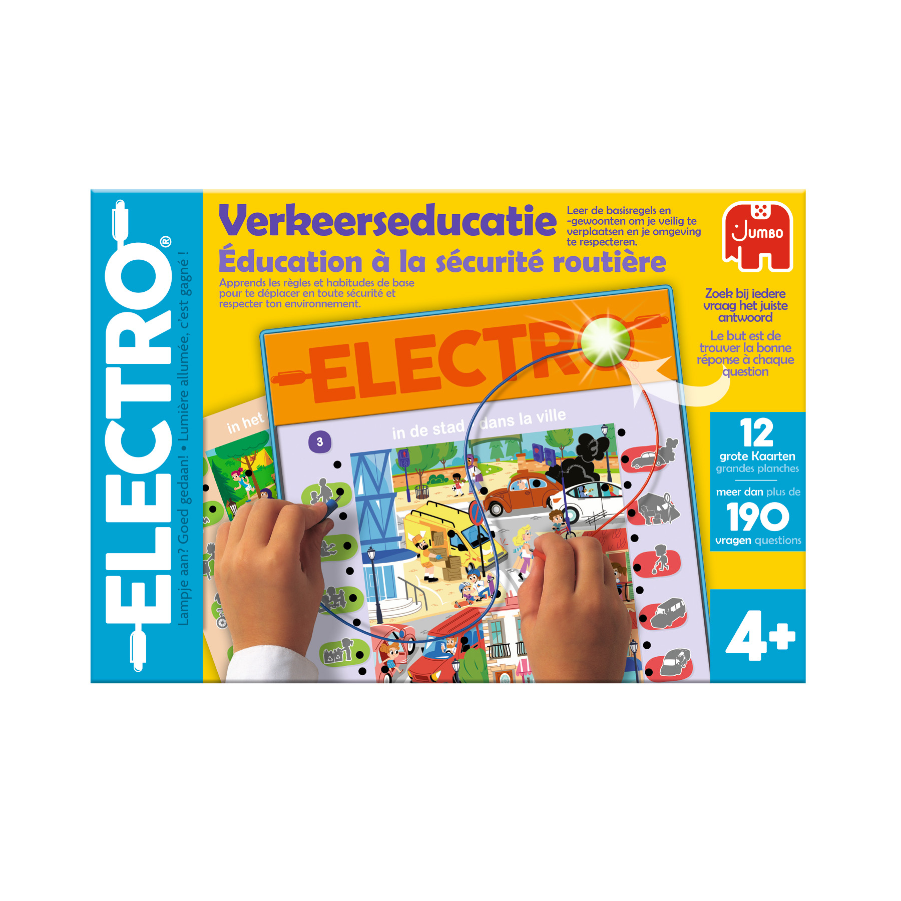 Doos met een leerspel. Een hand wijst naar een tekening op een kaart met stads- en weg afbeeldingen.