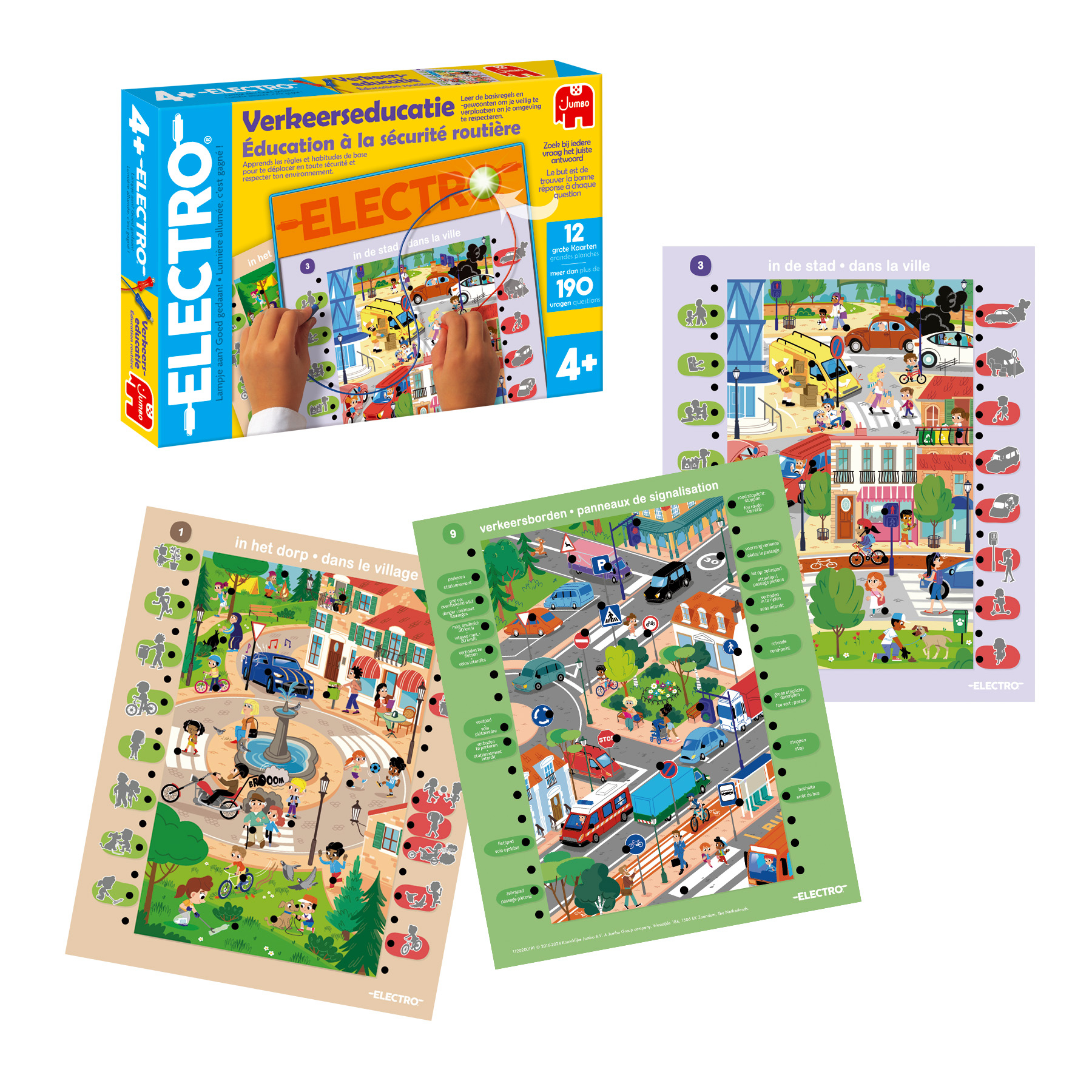 Het 'Verkeerseducatie' spel, met de doos, spelborden en kaarten. Het spel is in het Nederlands.